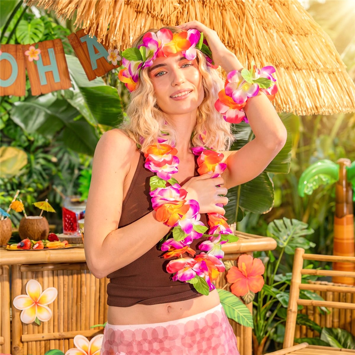 Hawaiiansk Blomsters&aelig;t Lyser&oslash;d og Lilla 4 dele