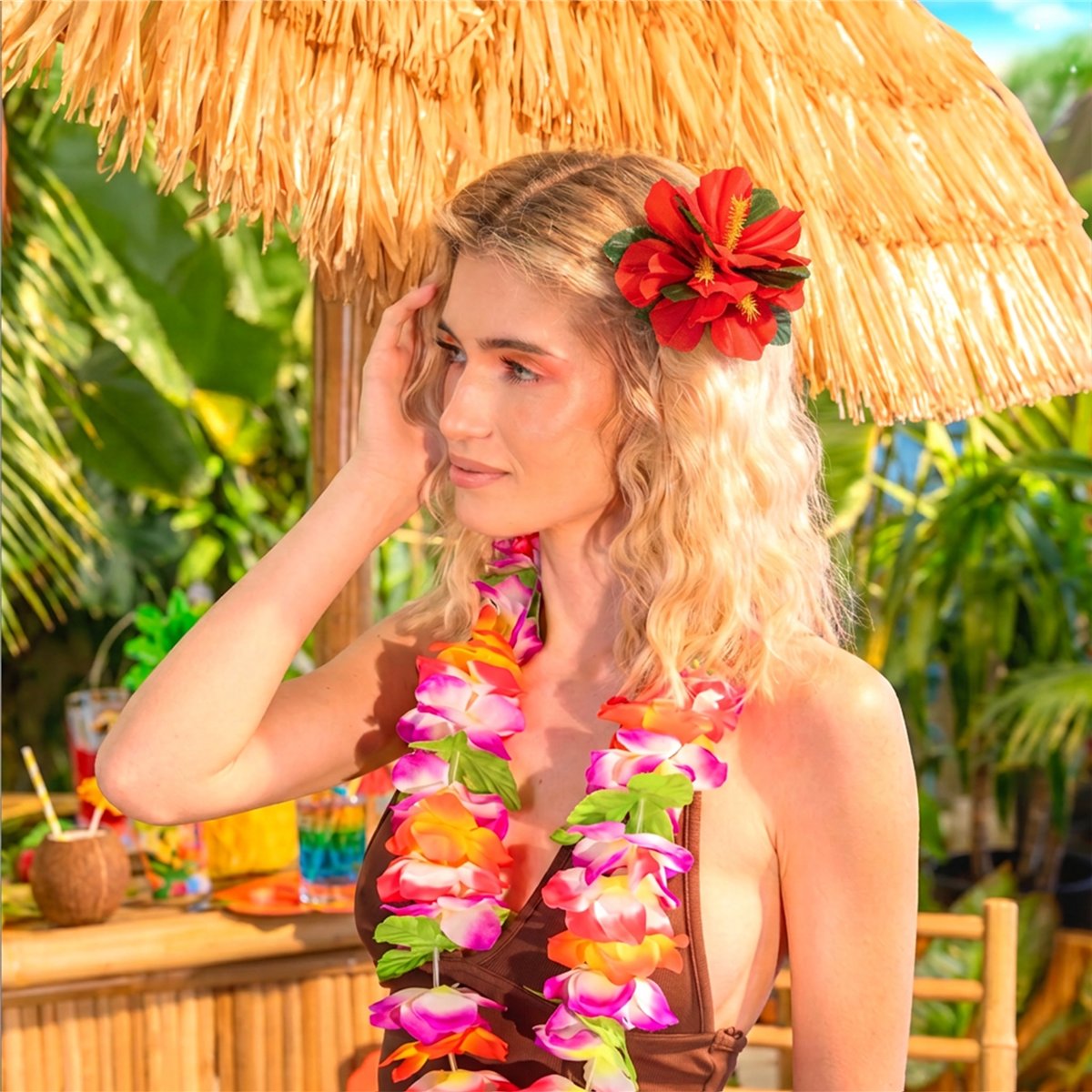 Hawaiiansk Blomsters&aelig;t Lyser&oslash;d og Lilla 4 dele