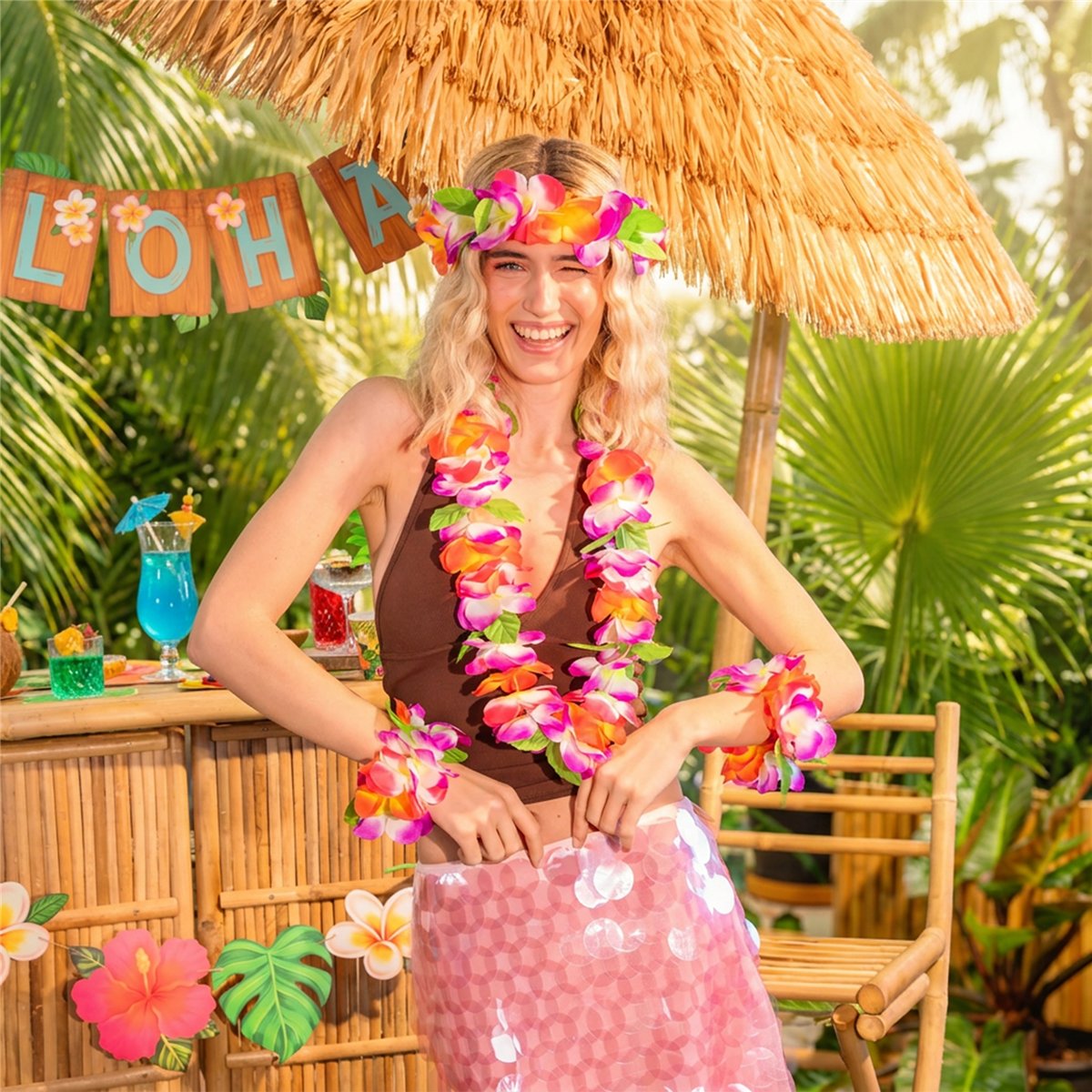 Hawaiiansk Blomsters&aelig;t Lyser&oslash;d og Lilla 4 dele