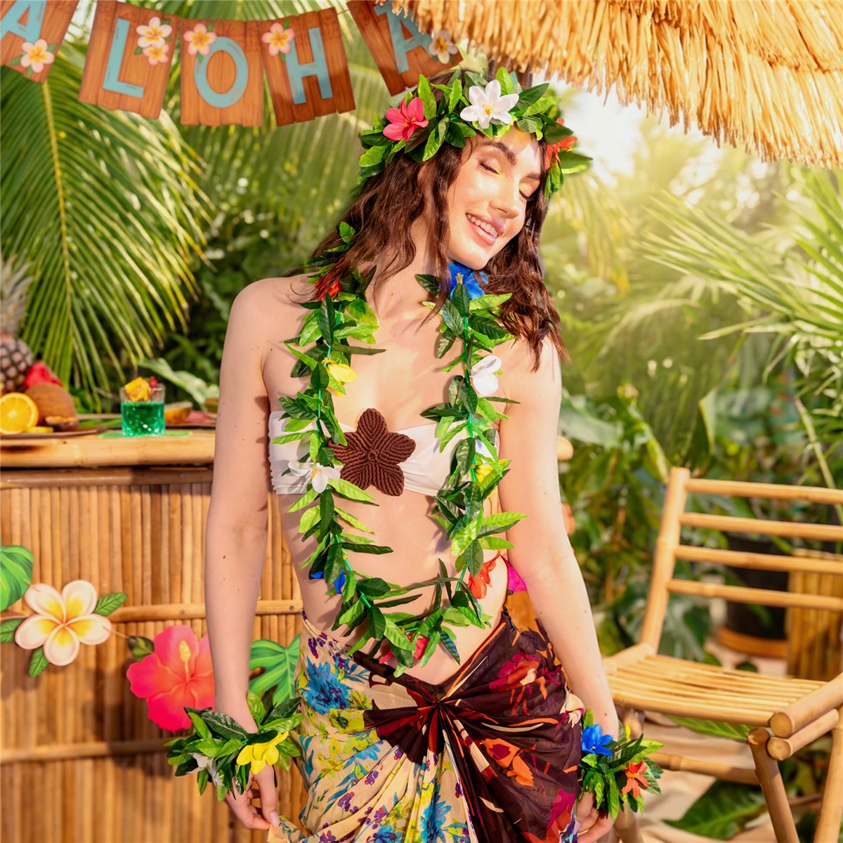 Hawaiiansk Blomsters&aelig;t Gr&oslash;nt  4 dele