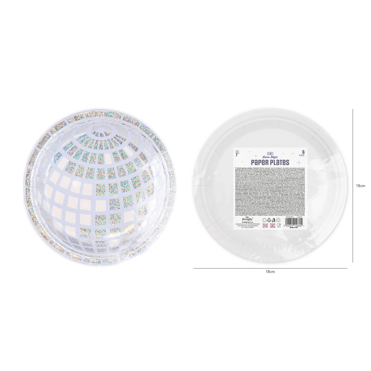 6 stk. Paptallerkner Disco S&oslash;lv 18 cm