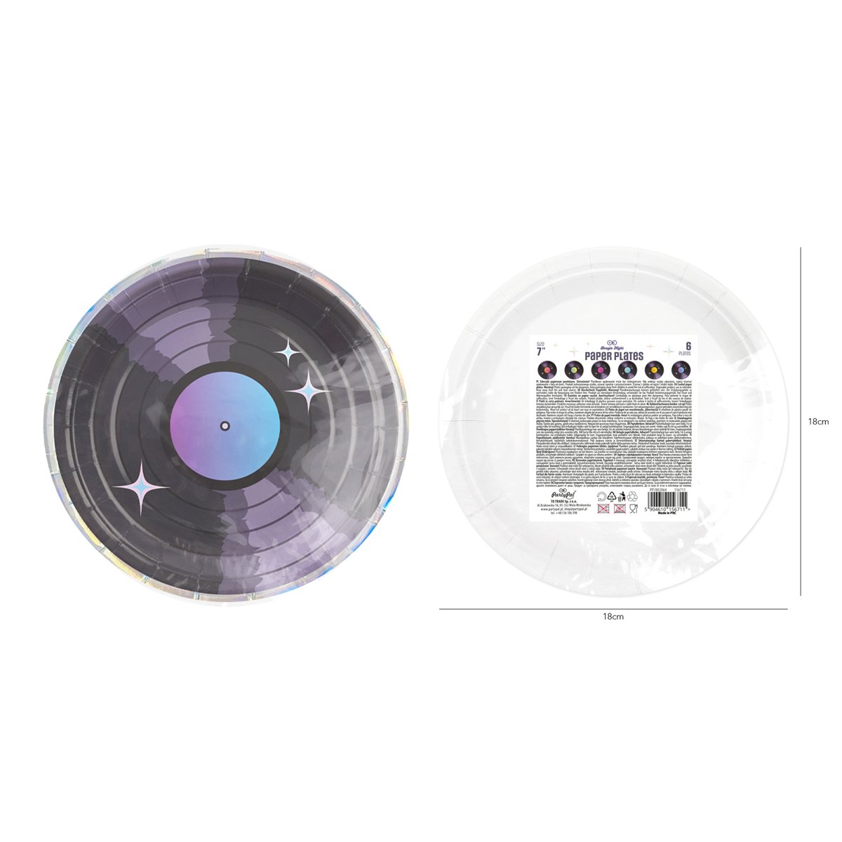 6 stk. Paptallerkner Retro LP Disco 18 cm
