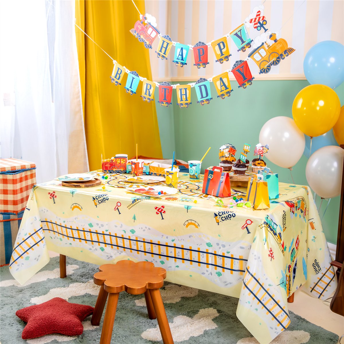 Plastikdug Happy Express Tog design 137 cm x 183 cm Plastikdug Happy Express Tog design 137 cm x 183 cm
