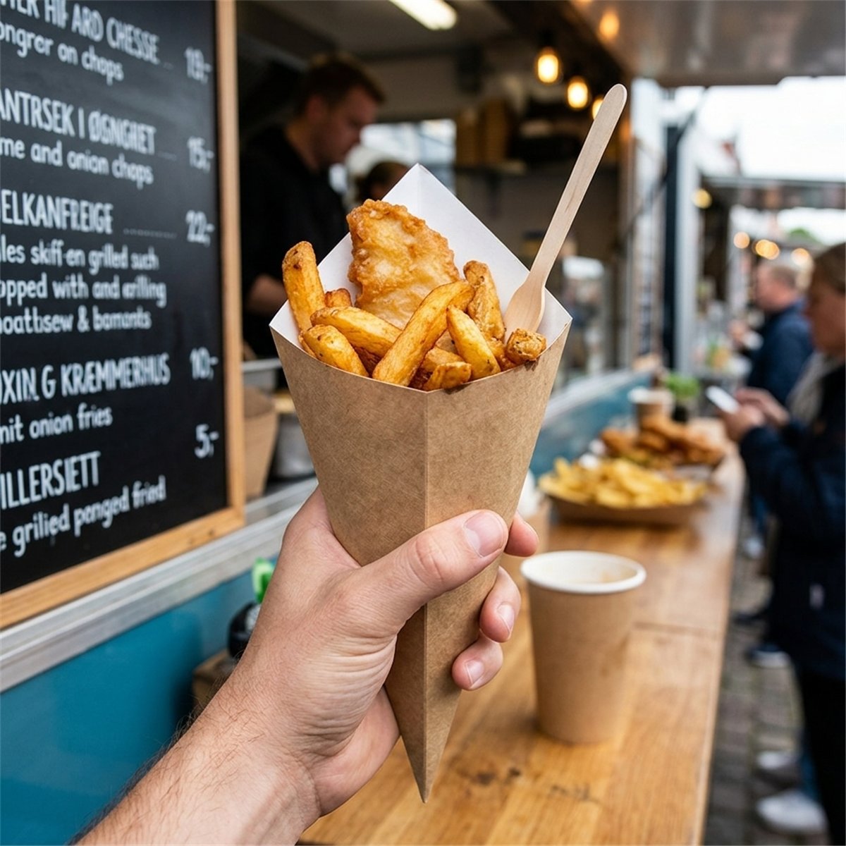 50 stk. Kræmmerhus til Pommes Frites brun/hvid 175x300 mm 50 stk. Kræmmerhus til Pommes Frites brun/hvid 175x300 mm