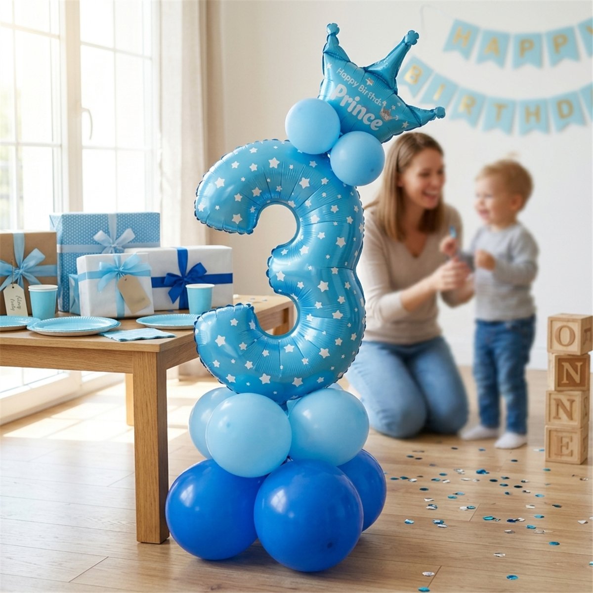 Ballonsæt 3 år Blå med tal 3 og krone 110 cm Ballonsæt 3 år Blå med tal 3 og krone 110 cm