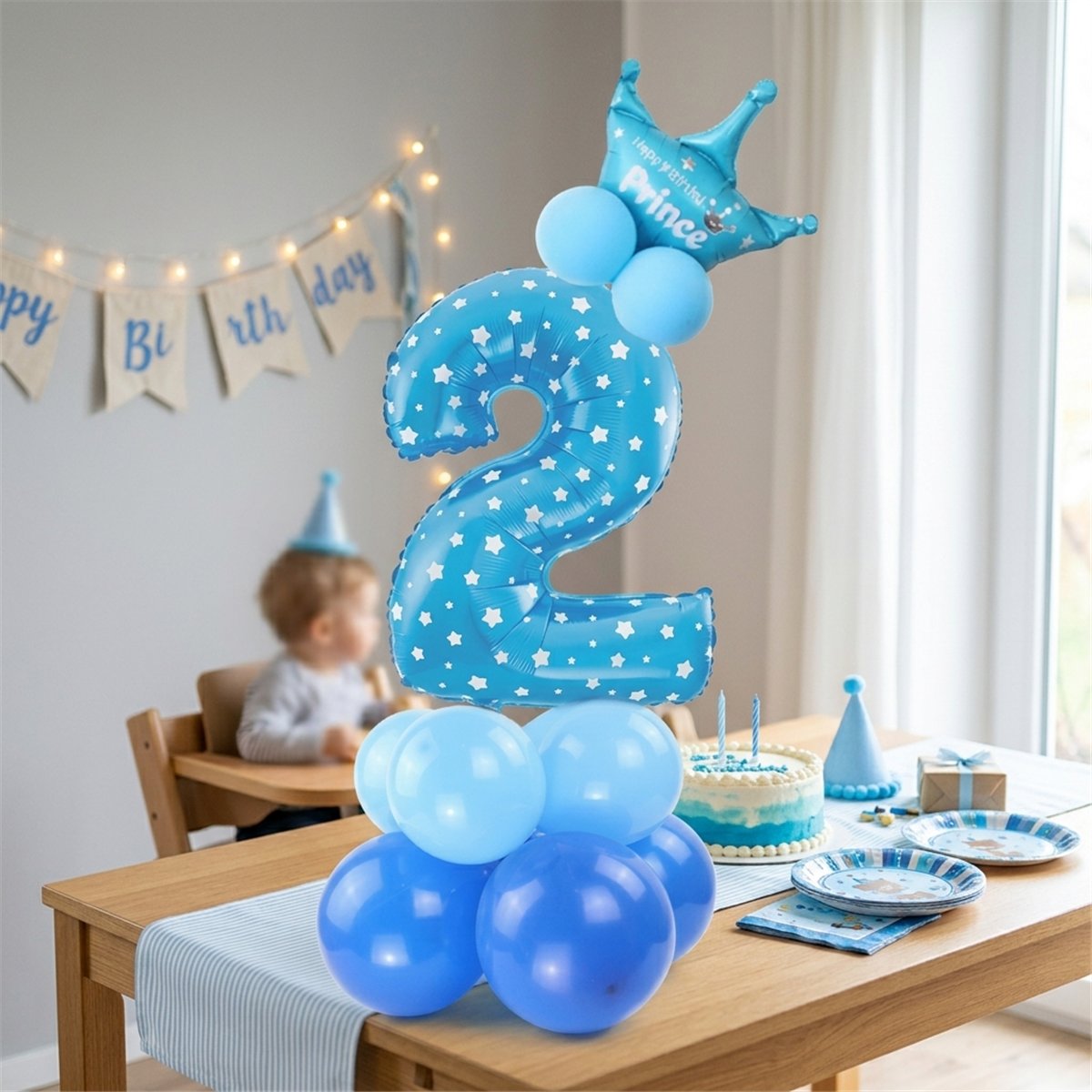 Ballons&aelig;t 2-&aring;rs f&oslash;dselsdag bl&aring; tal 2 og krone