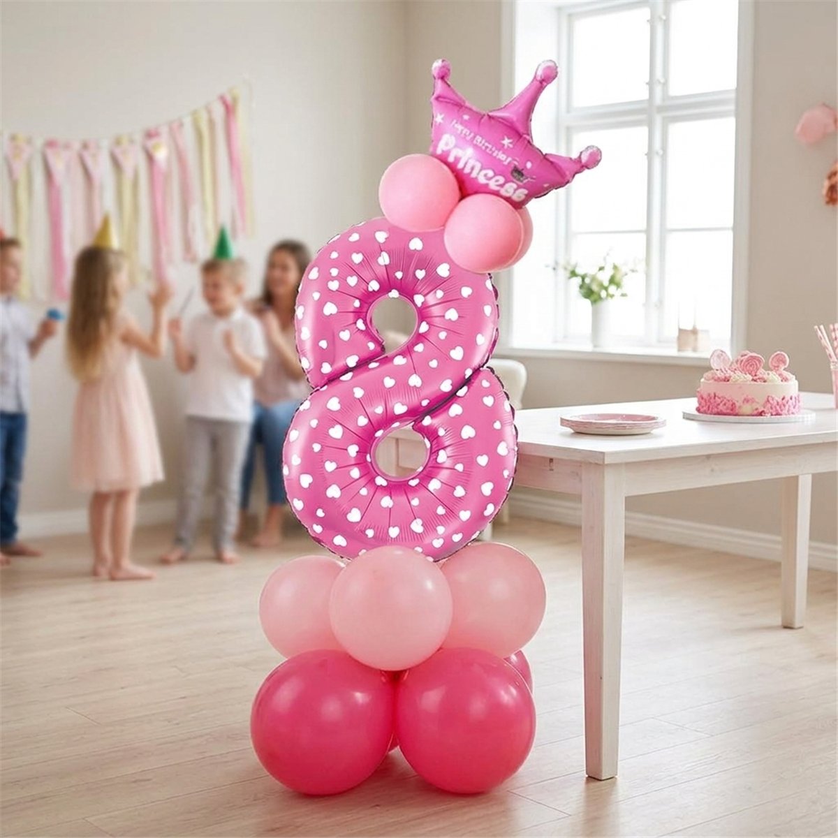 Ballons&aelig;t Tal 8 og Krone Lyser&oslash;d Pink f&oslash;dselsdag