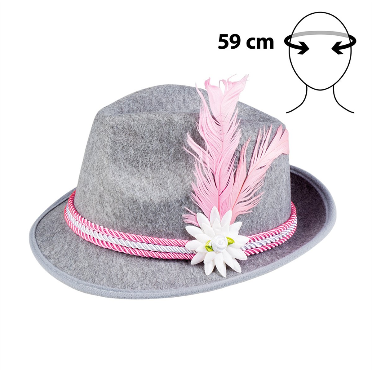 Tyrolerhat Gr&aring; med Pink Fjer og B&aring;nd 54 cm