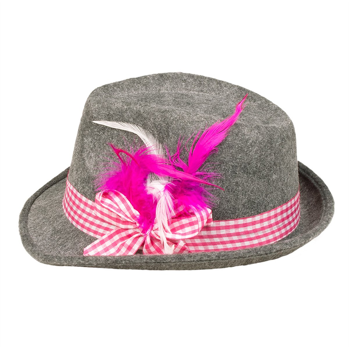 Tyrolerhat Grå med Pink og Hvide Fjer 59 cm Tyrolerhat Grå med Pink og Hvide Fjer 59 cm