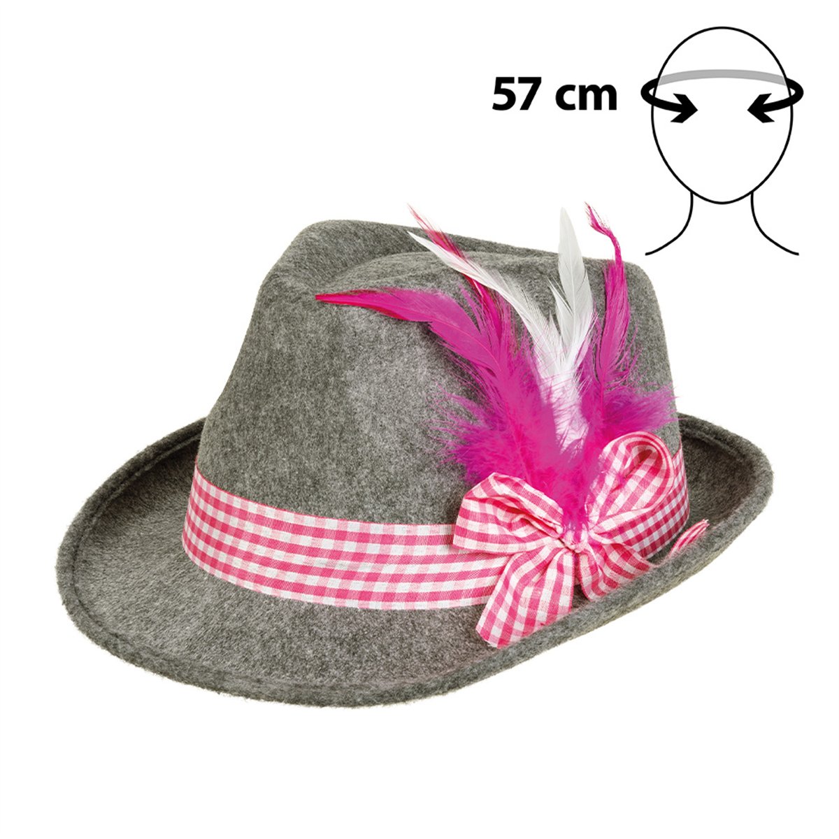 Tyrolerhat Grå med Pink og Hvide Fjer 59 cm Tyrolerhat Grå med Pink og Hvide Fjer 59 cm