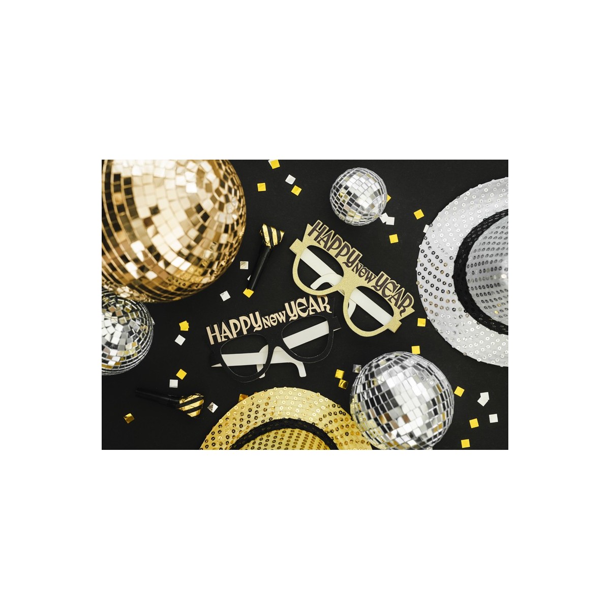 Glasses Happy New Year, 17.5x8.5 cm, black-gold (1 pkt / 3 pc.)