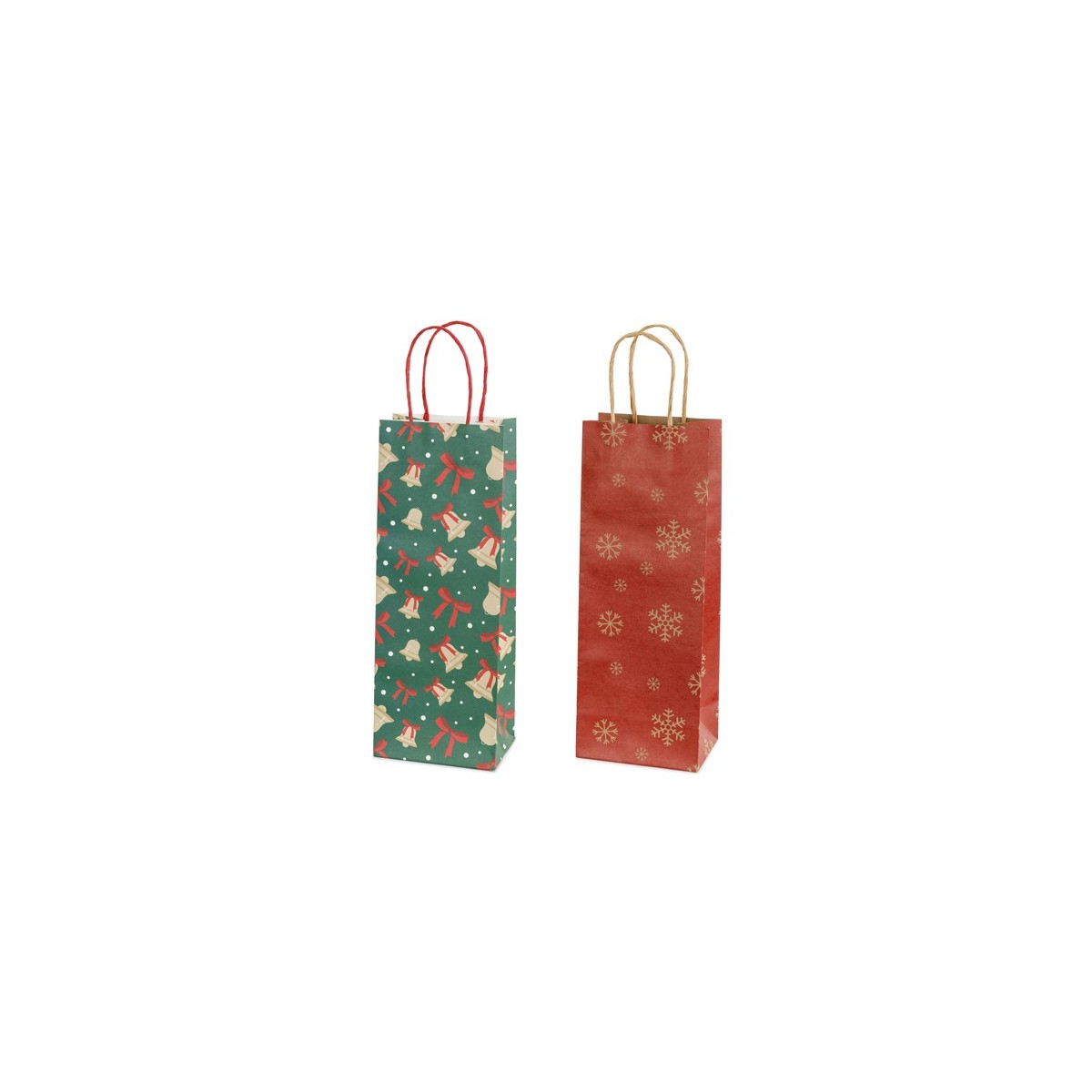Gift bags Snowflakes and bells, 12.5x33.5x9 cm, red and green (1 pkt / 6 pc.) Gift bags Snowflakes and bells, 12.5x33.5x9 cm, red and green (1 pkt / 6 pc.)