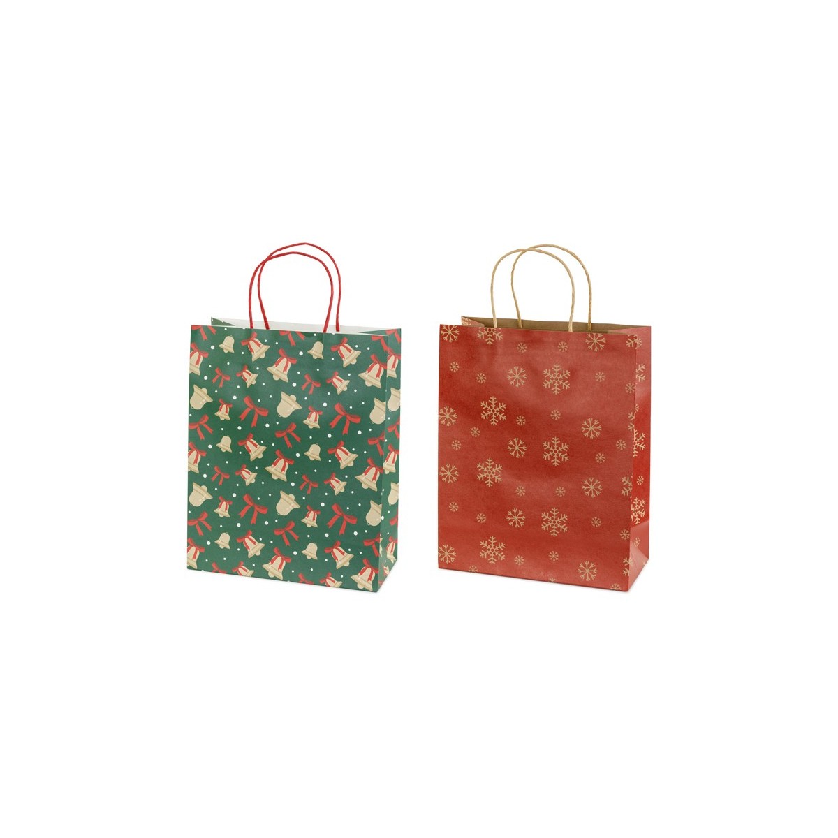 Gift bags Snowflakes and bells, 26x32.5x12 cm, red and green (1 pkt / 6 pc.) Gift bags Snowflakes and bells, 26x32.5x12 cm, red and green (1 pkt / 6 pc.)