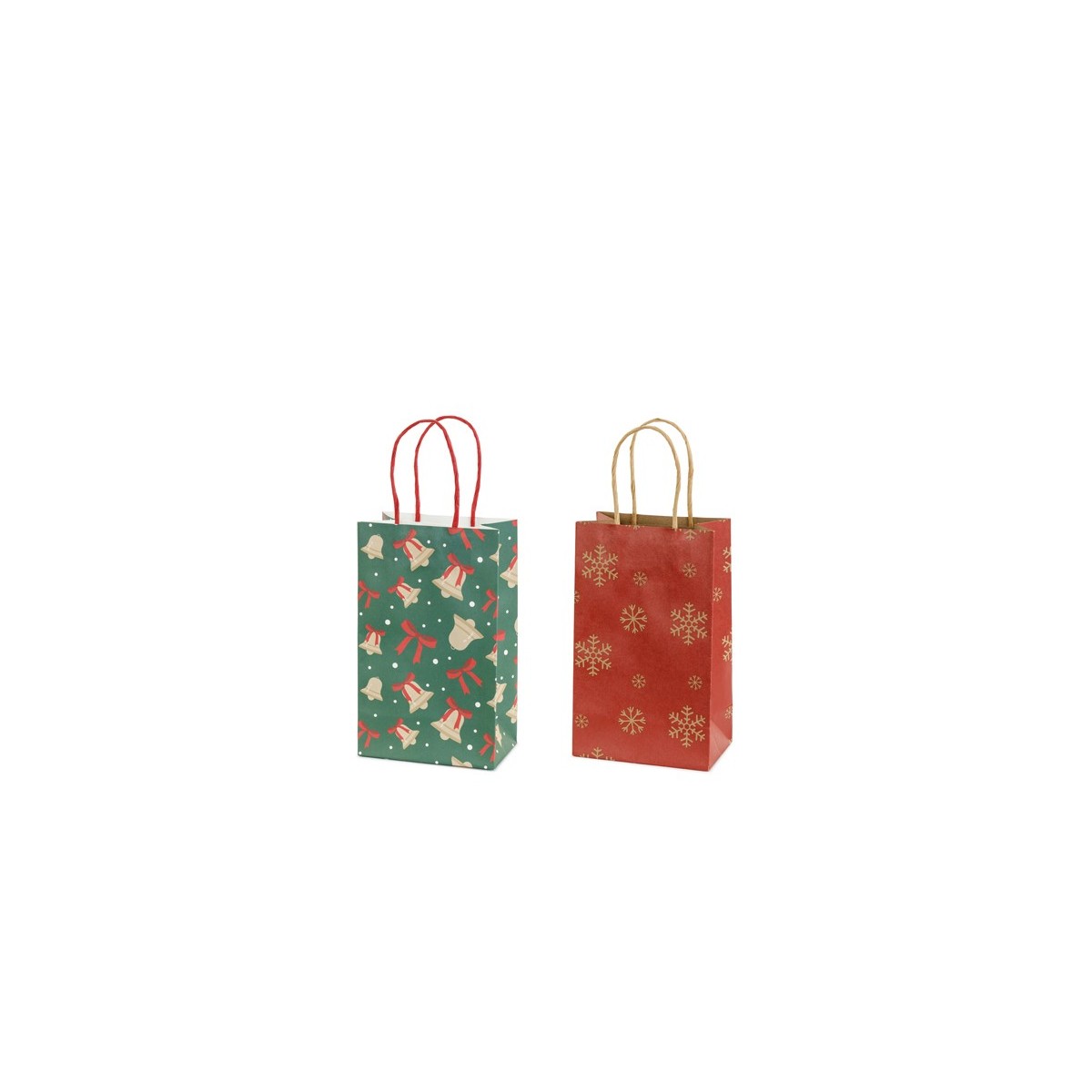 Gift bags Snowflakes and bells, 13x21x8 cm, red and green (1 pkt / 6 pc.) Gift bags Snowflakes and bells, 13x21x8 cm, red and green (1 pkt / 6 pc.)