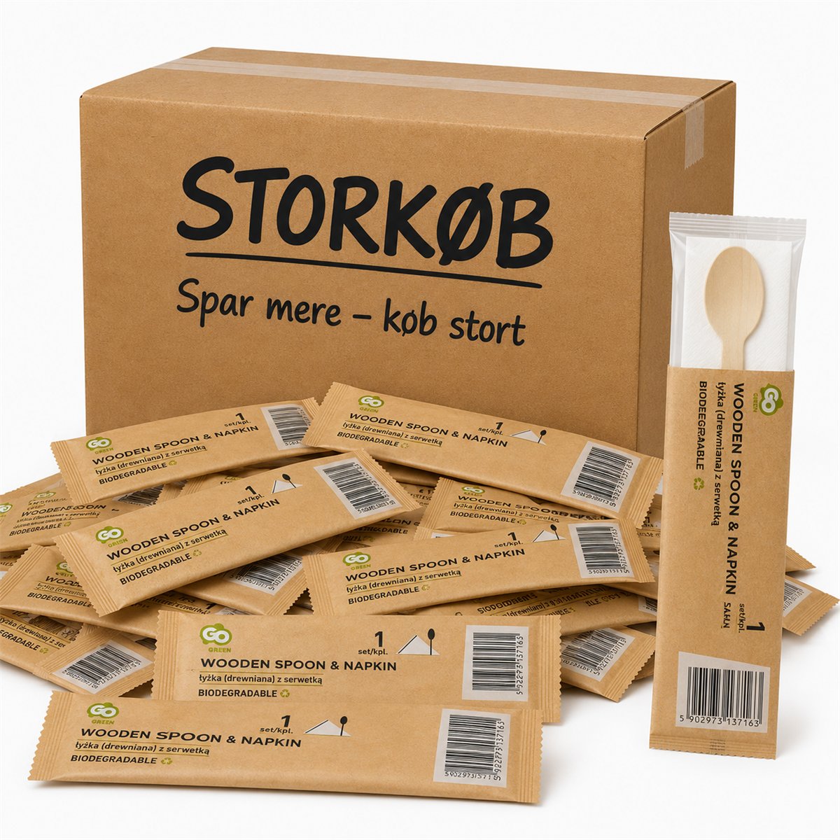 200 stk. Bestiksæt Birketræ Ske og Serviet 16,5 cm 200 stk. Bestiksæt Birketræ Ske og Serviet 16,5 cm
