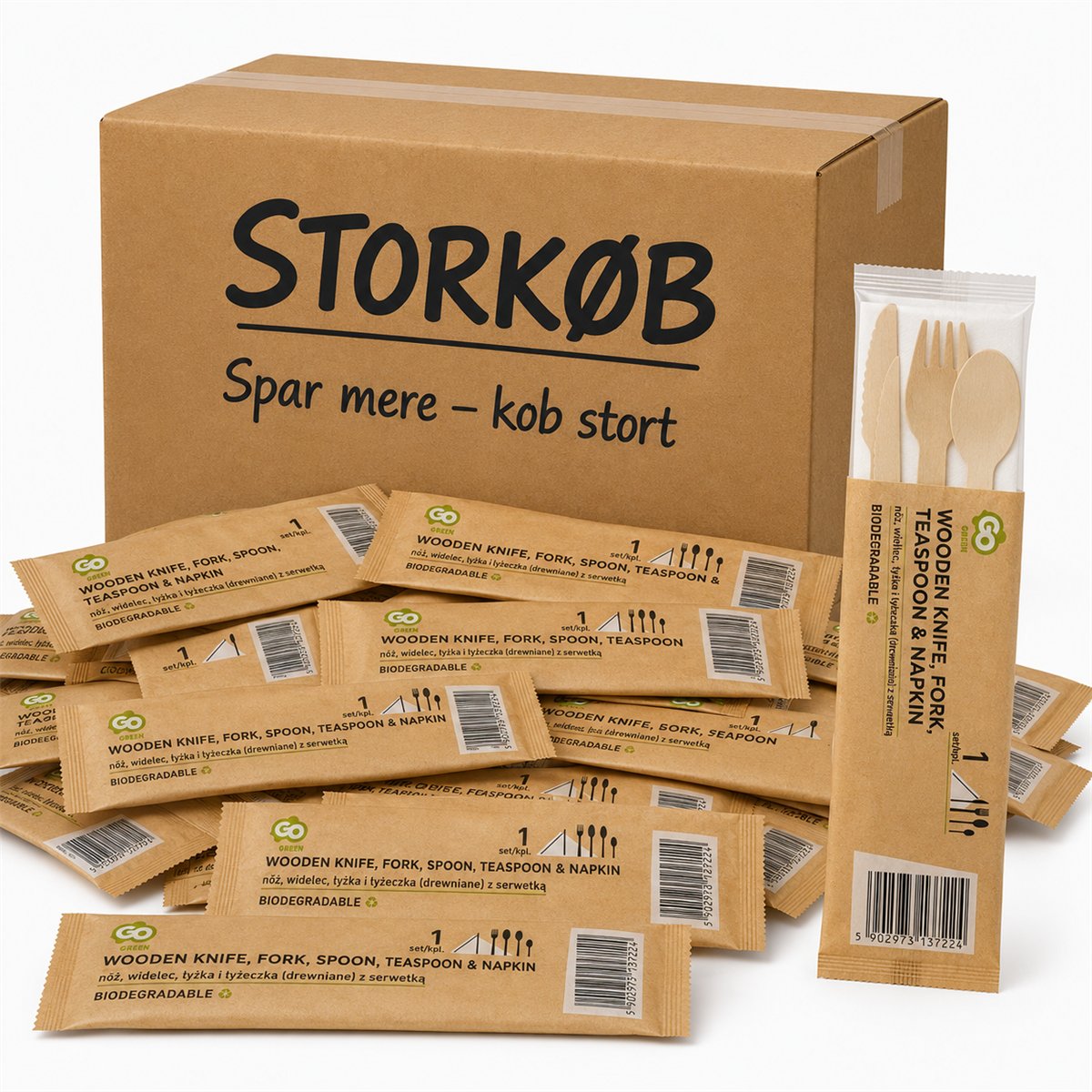 200 stk. Bestiksæt Birketræ kniv, gaffel, ske, teske og serviet 200 stk. Bestiksæt Birketræ kniv, gaffel, ske, teske og serviet