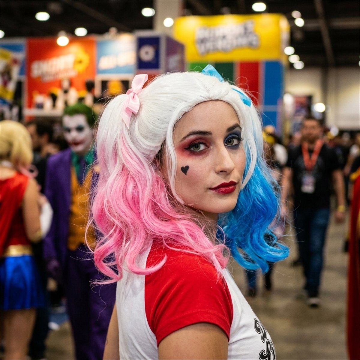 Harley Quinn Paryk Hvid med Lysebl&aring; og Lyser&oslash;d Rottehaler