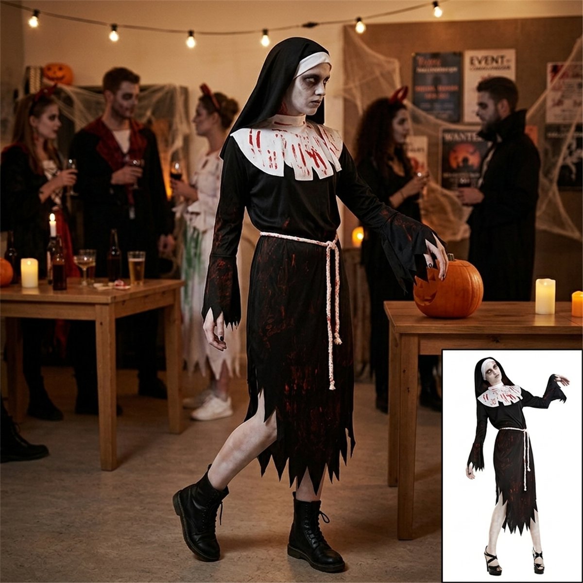 Kostume Str. S Zombie Nonne – Blodig Sort Nonnedragt Kostume Str. S Zombie Nonne – Blodig Sort Nonnedragt