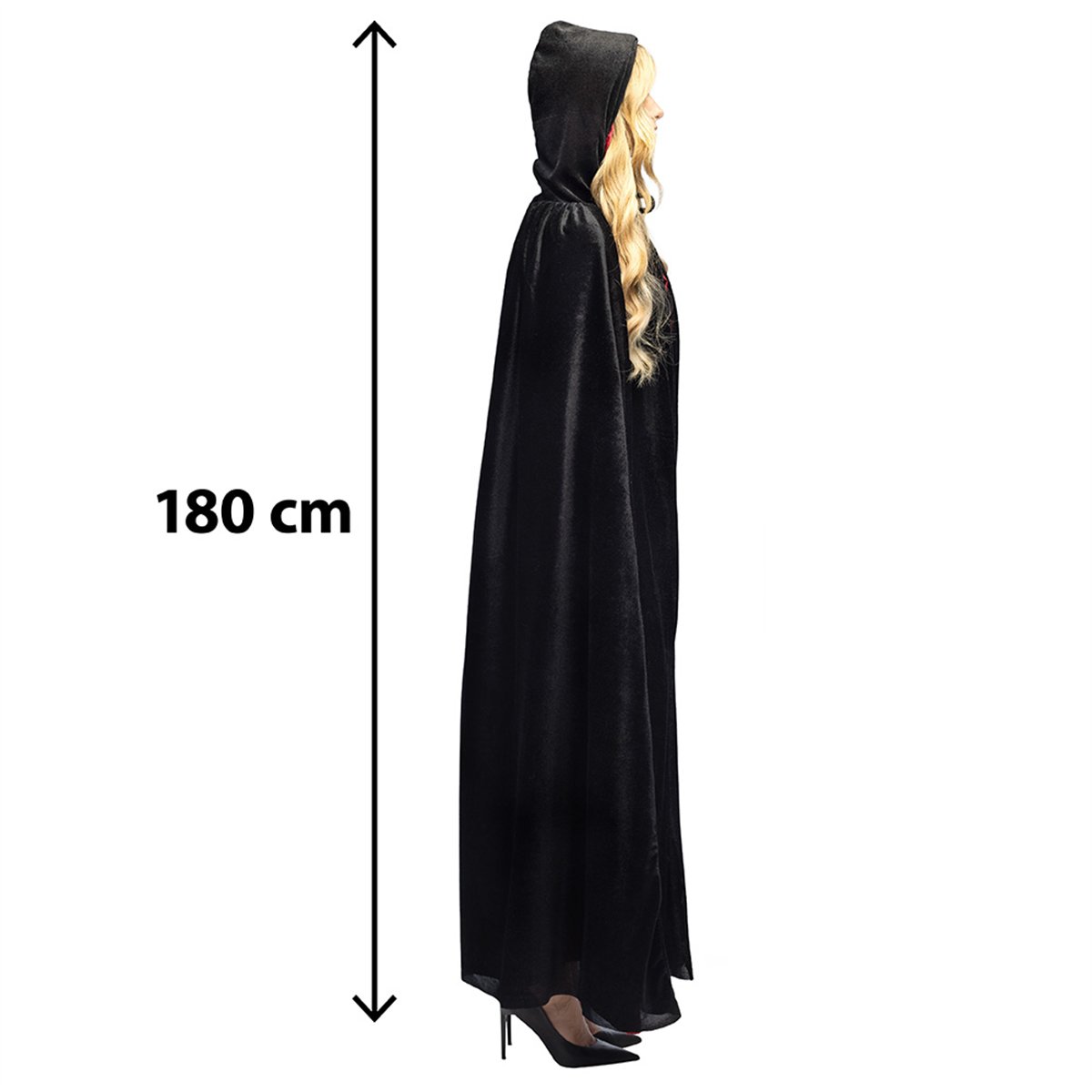 Satinkappe 180 cm – Sort og Rød kappe med Hætte Satinkappe 180 cm – Sort og Rød kappe med Hætte