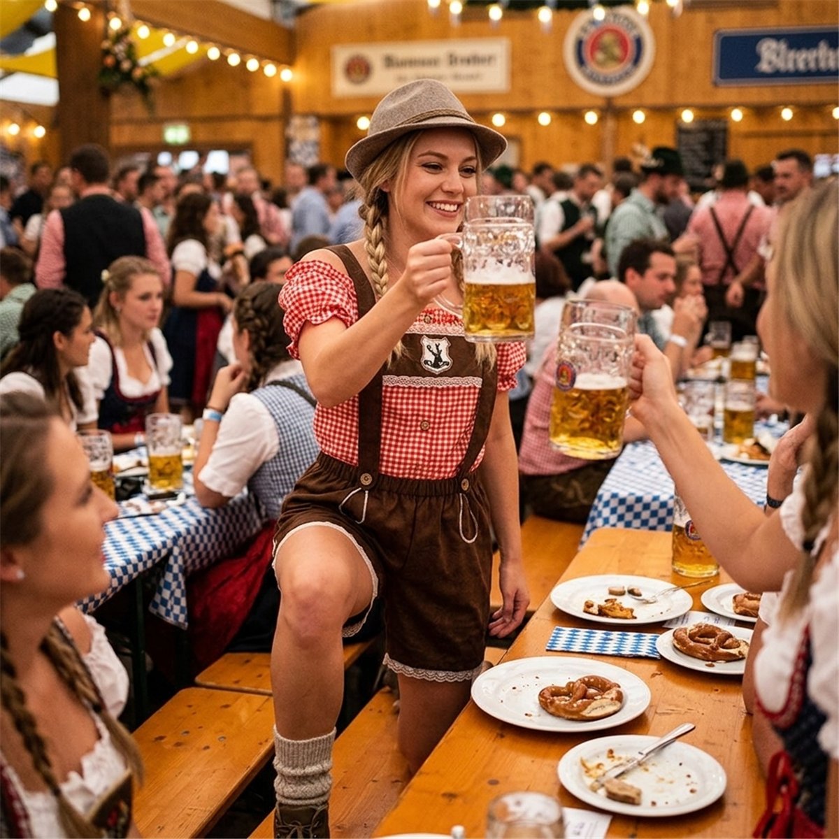 Tyrolerkjole str. 44/46 Lederhosen med ternet top - Oktoberfest-kostume