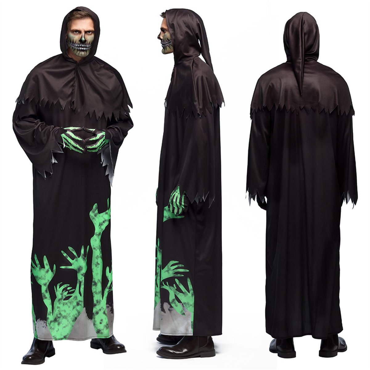 Grim Reaper-kostume str. 50/52 &ndash; sort h&aelig;ttek&aring;be med gr&oslash;nt