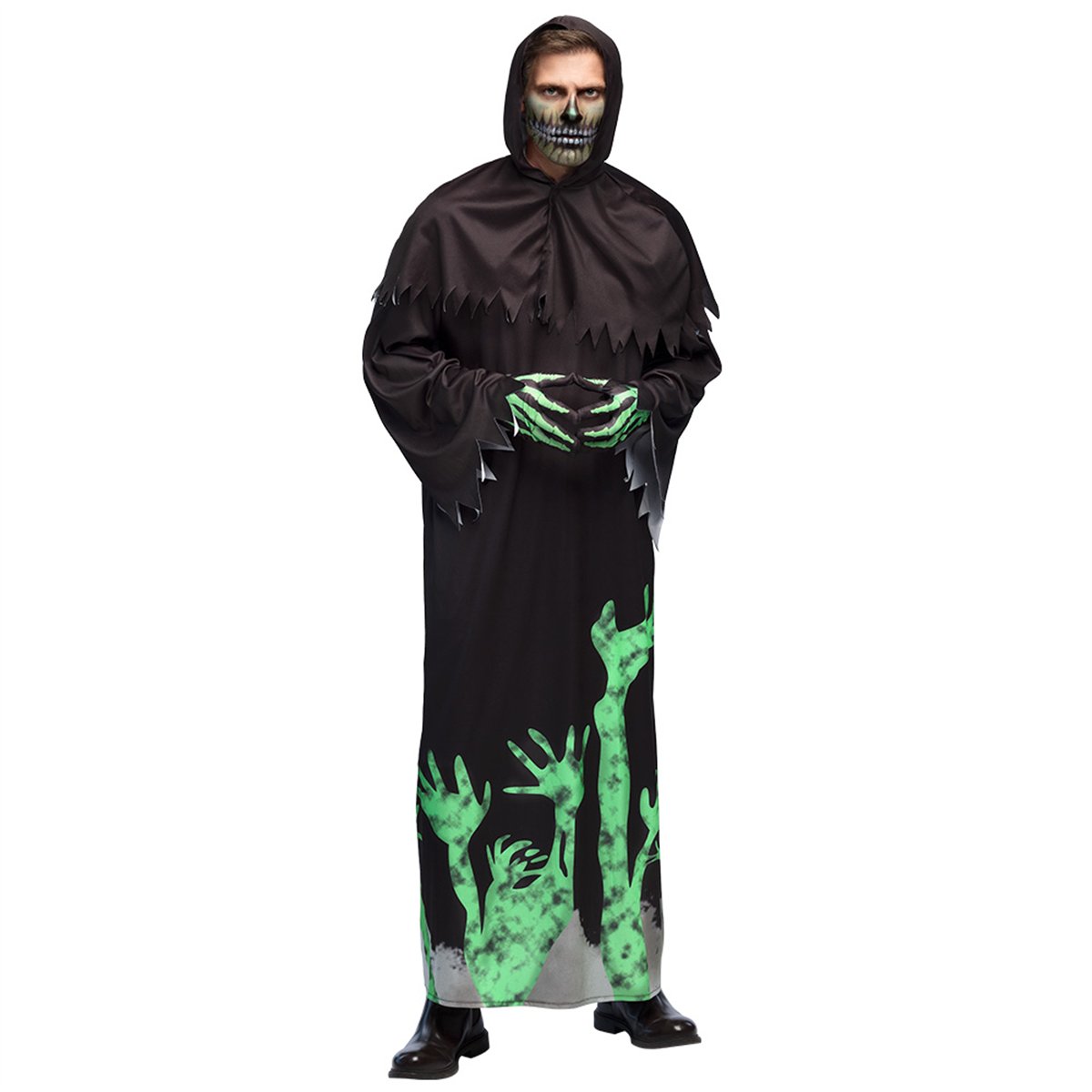 Grim Reaper-kostume str. 50/52 – sort hættekåbe med grønt Grim Reaper-kostume str. 50/52 – sort hættekåbe med grønt