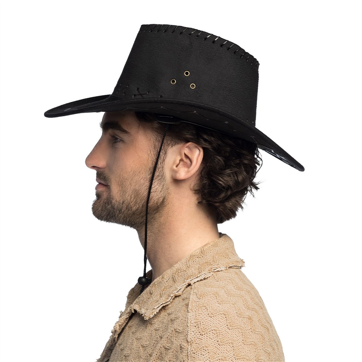 Cowboyhat &ndash; Sort Westernhat i L&aelig;derlook med Hagerem