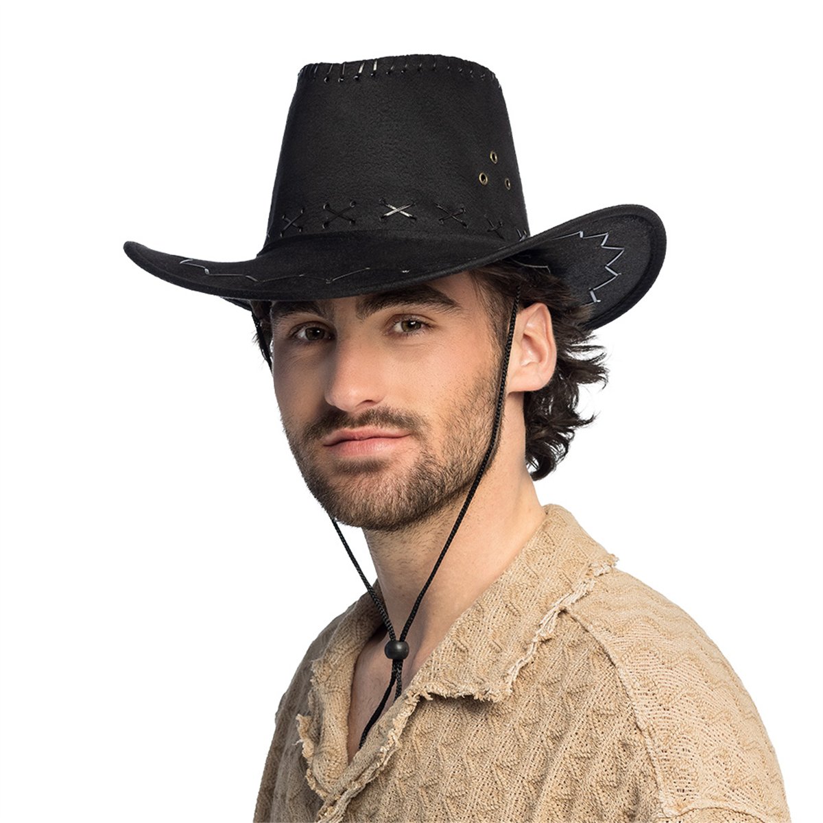 Cowboyhat &ndash; Sort Westernhat i L&aelig;derlook med Hagerem