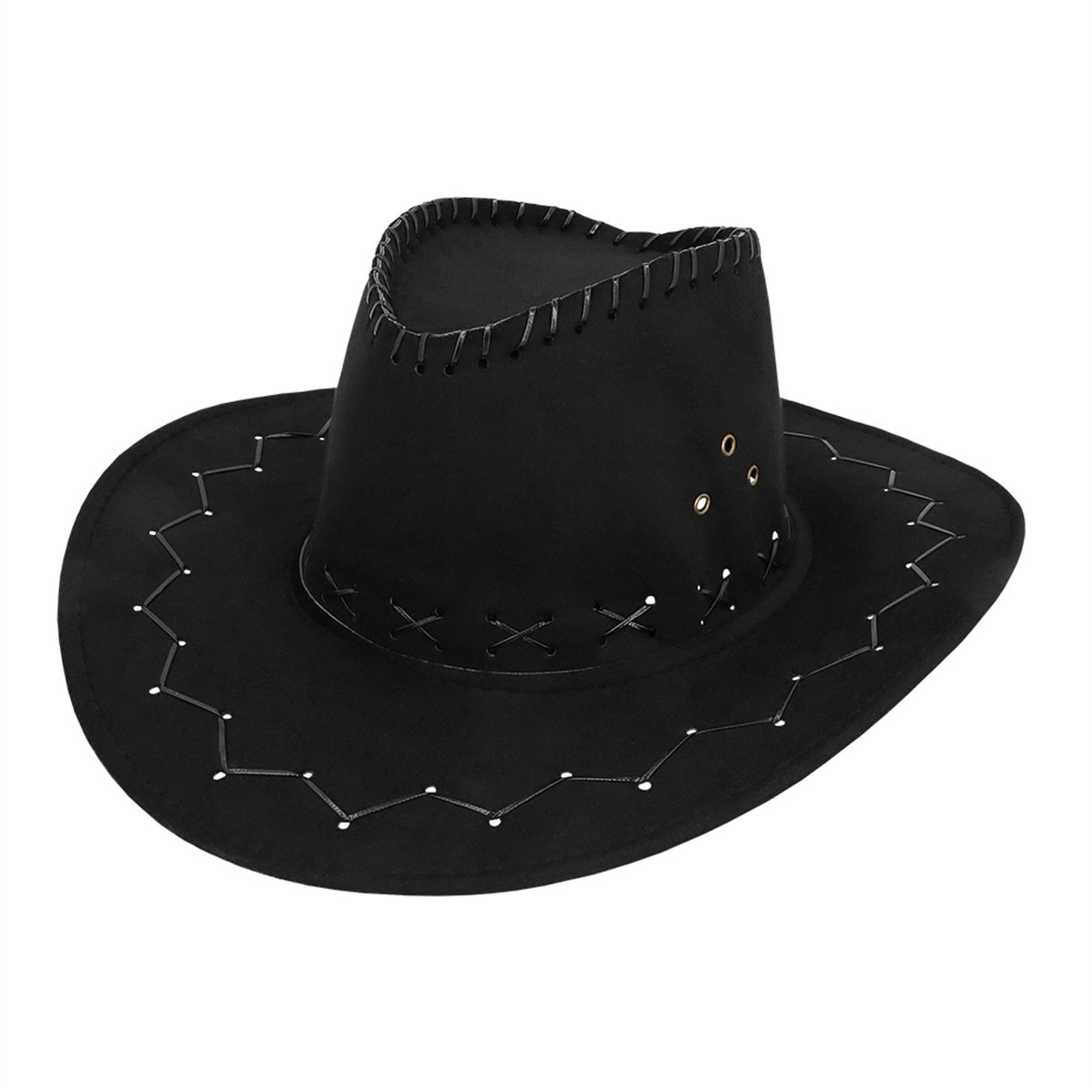 Cowboyhat &ndash; Sort Westernhat i L&aelig;derlook med Hagerem