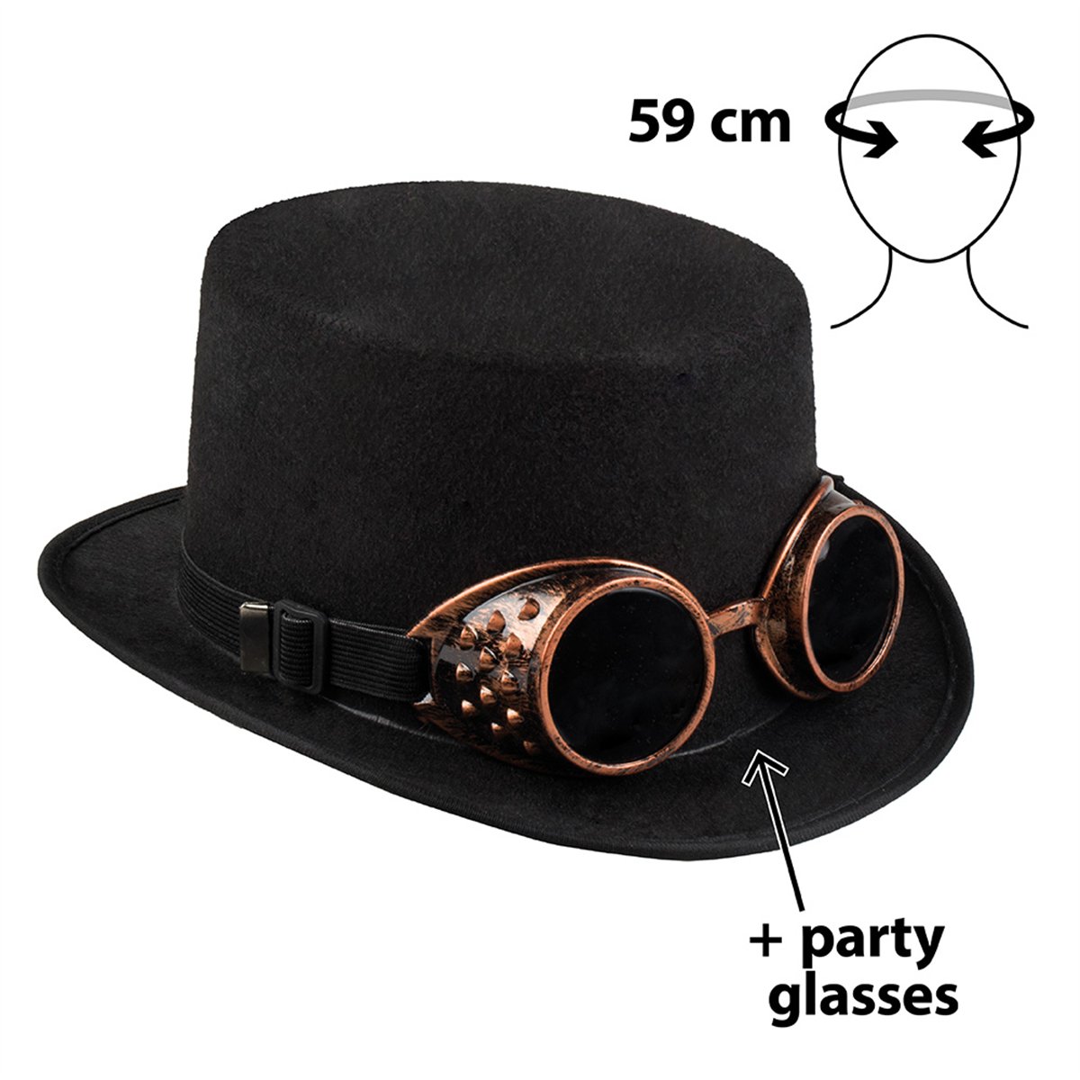 Steampunk Hat – Sort Høj Hat med Kobberfarvede Briller Steampunk Hat – Sort Høj Hat med Kobberfarvede Briller