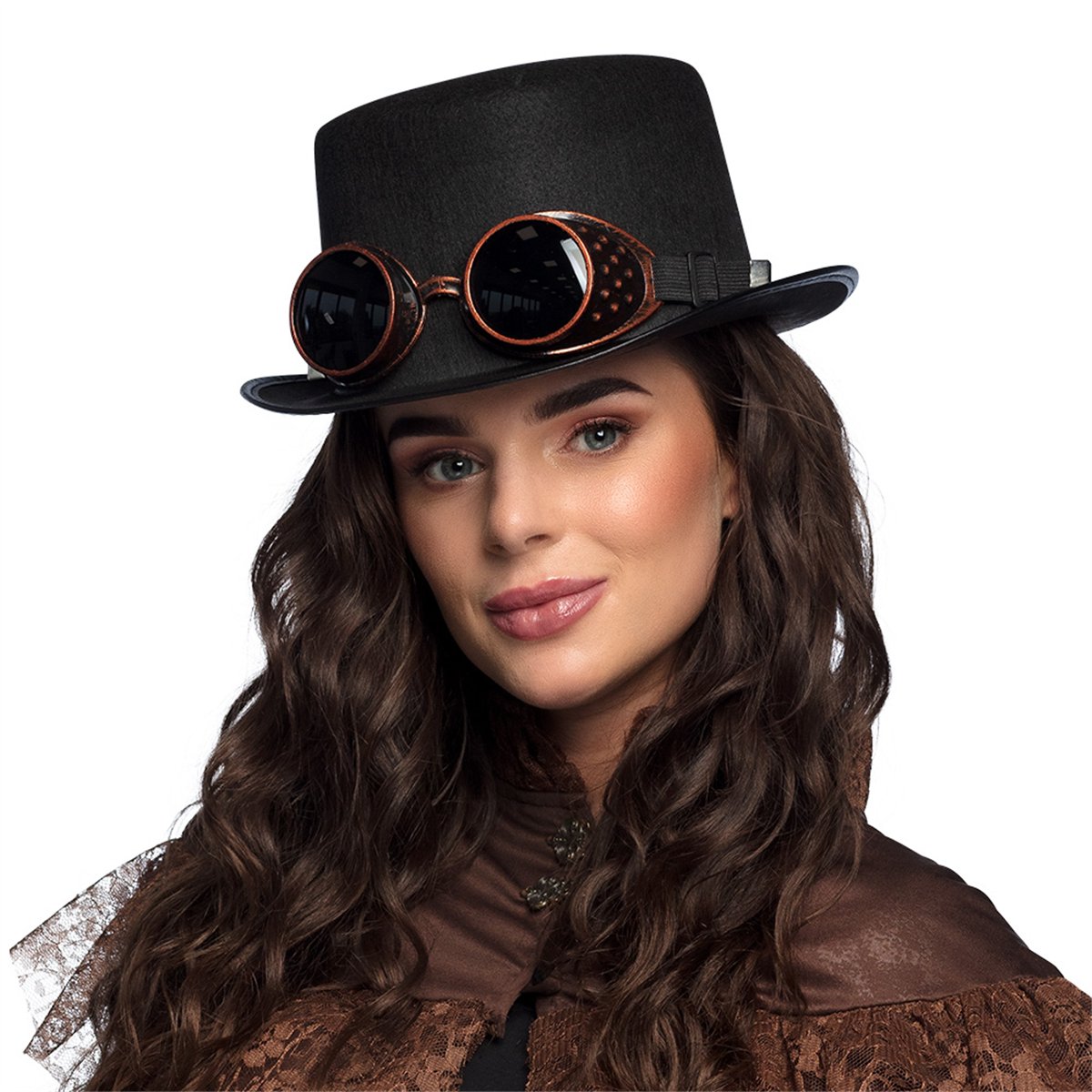 Steampunk Hat – Sort Høj Hat med Kobberfarvede Briller Steampunk Hat – Sort Høj Hat med Kobberfarvede Briller