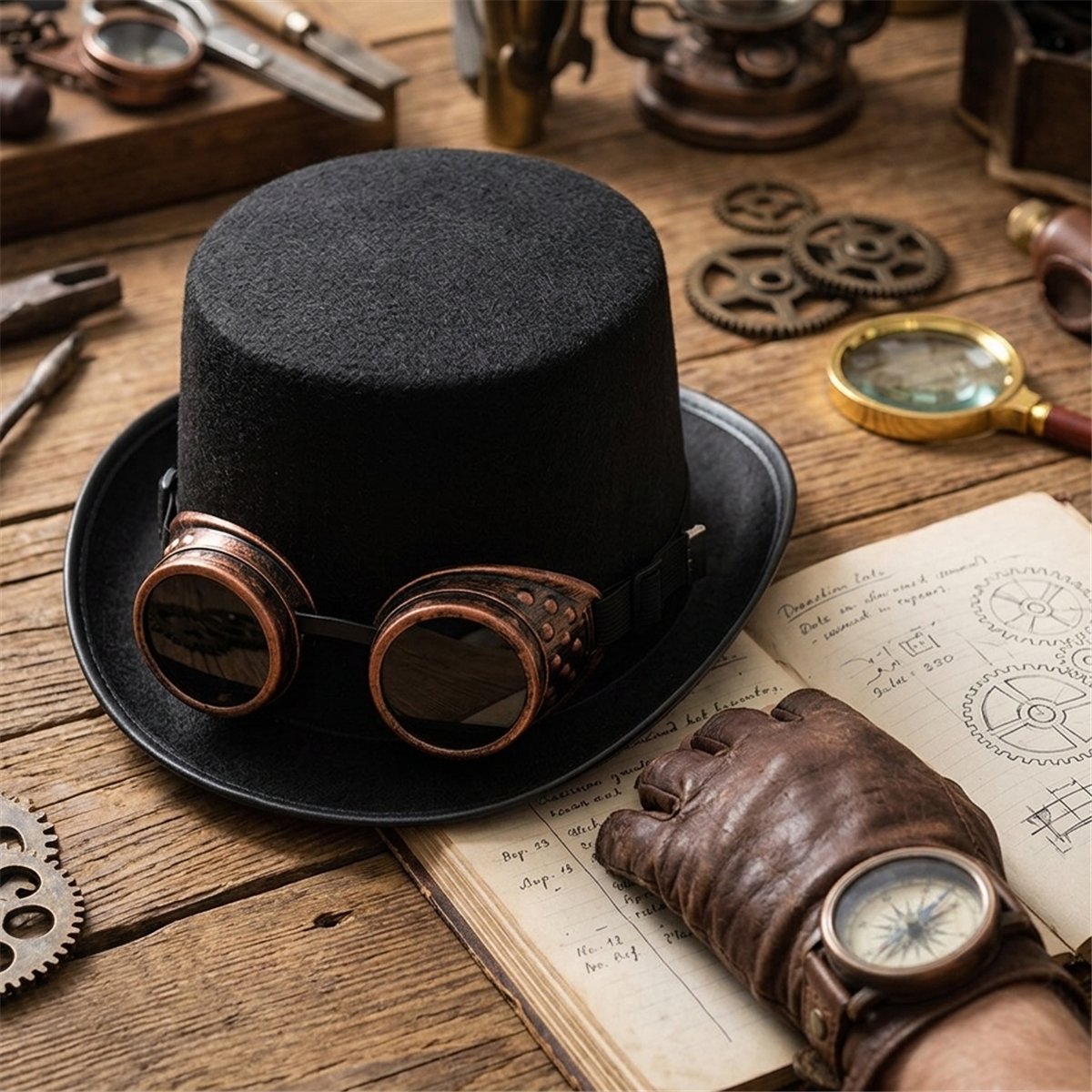 Steampunk Hat – Sort Høj Hat med Kobberfarvede Briller Steampunk Hat – Sort Høj Hat med Kobberfarvede Briller