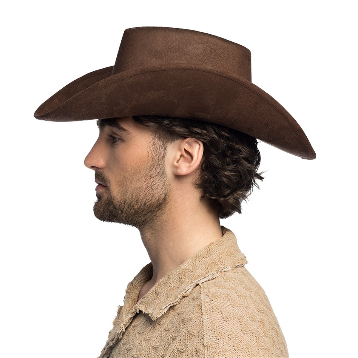 Cowboyhat - Brun Westernhat i Ruskindslook med Sort B&aring;nd