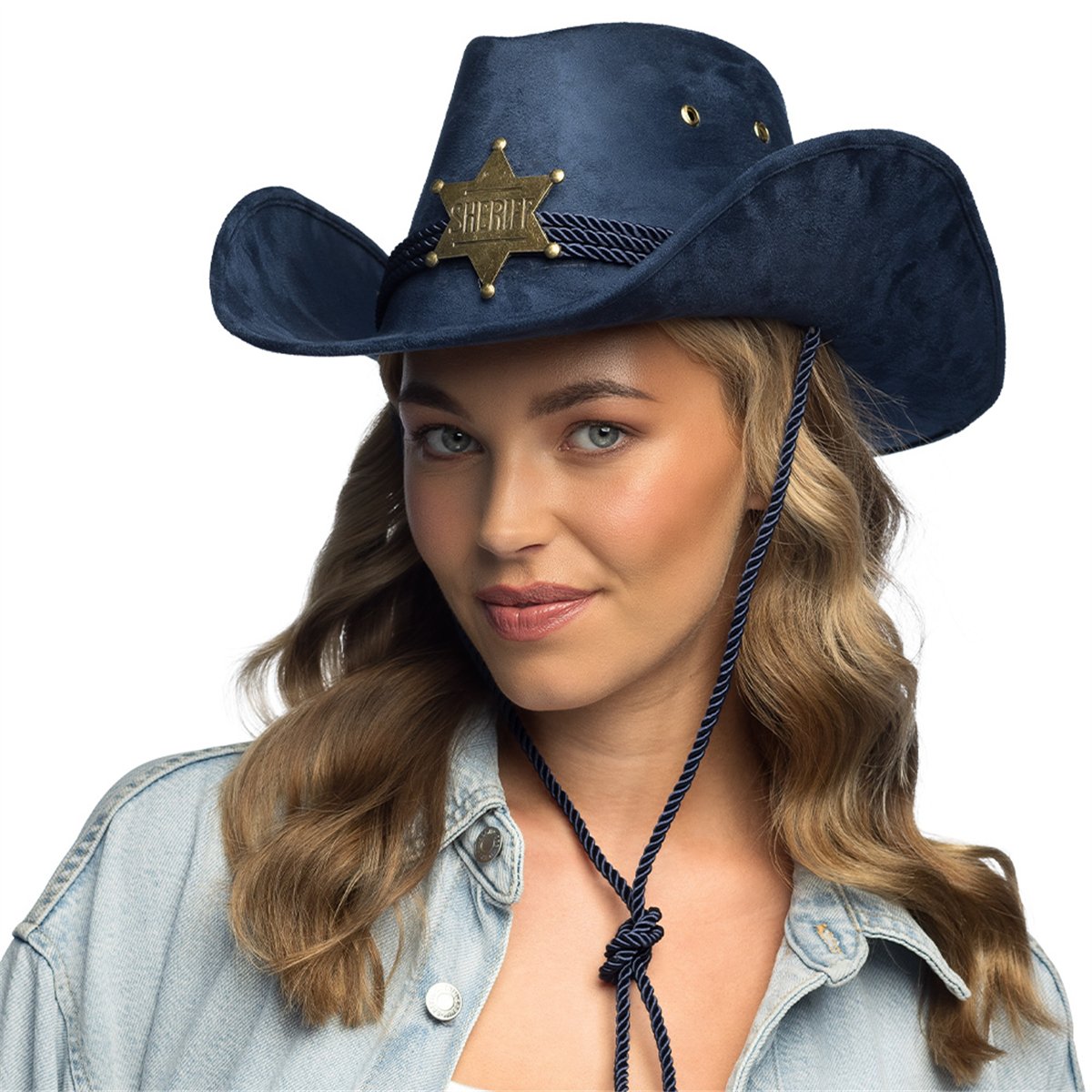 Sheriffhat &ndash; Bl&aring; Cowboyhat i Ruskindslook med Stjerne