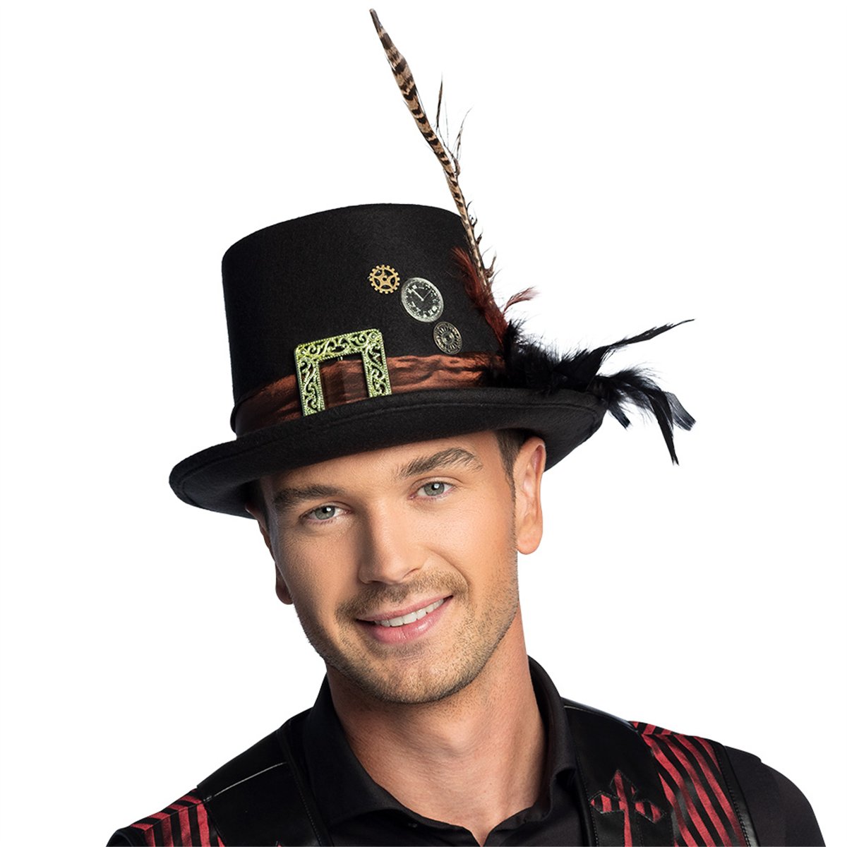 Steampunk Hat med Fjer – Sort Høj Hat med Ur, Tandhjul og Spænde Steampunk Hat med Fjer – Sort Høj Hat med Ur, Tandhjul og Spænde