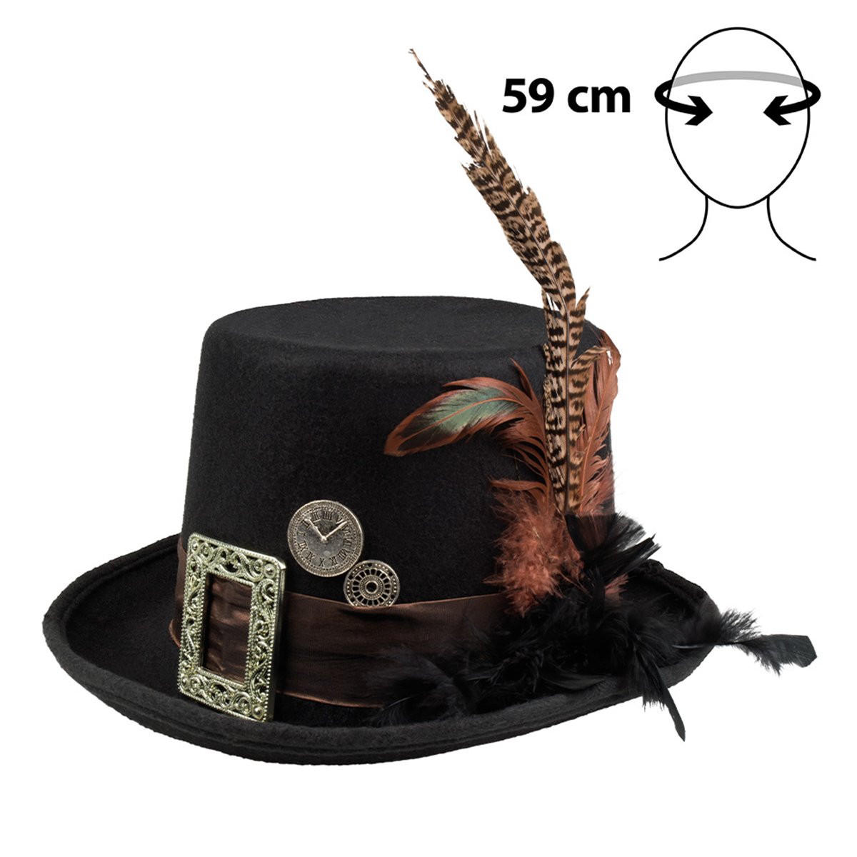 Steampunk Hat med Fjer – Sort Høj Hat med Ur, Tandhjul og Spænde Steampunk Hat med Fjer – Sort Høj Hat med Ur, Tandhjul og Spænde