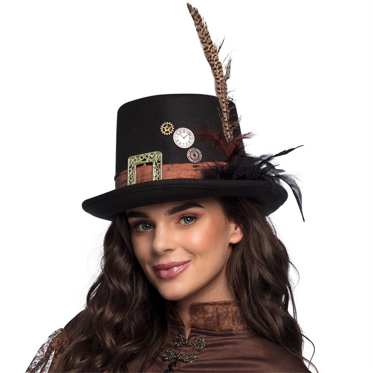 Steampunk Hat med Fjer – Sort Høj Hat med Ur, Tandhjul og Spænde Steampunk Hat med Fjer – Sort Høj Hat med Ur, Tandhjul og Spænde