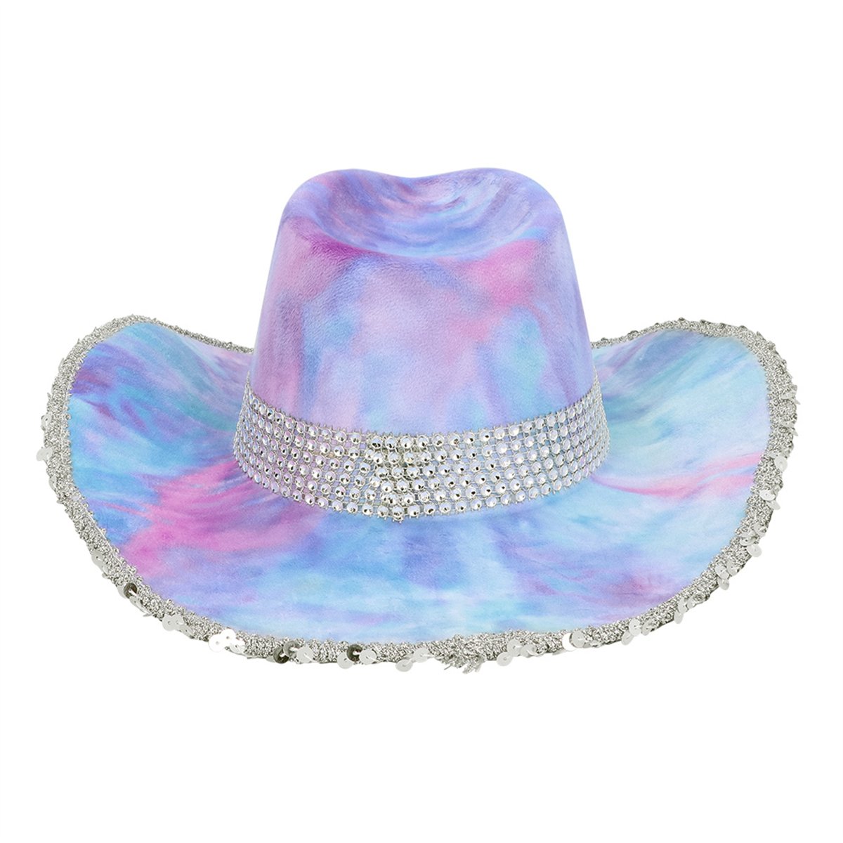 Cowboyhat &ndash; Lilla og Bl&aring; Tie-Dye Hat i Fl&oslash;jlslook med Rhinsten