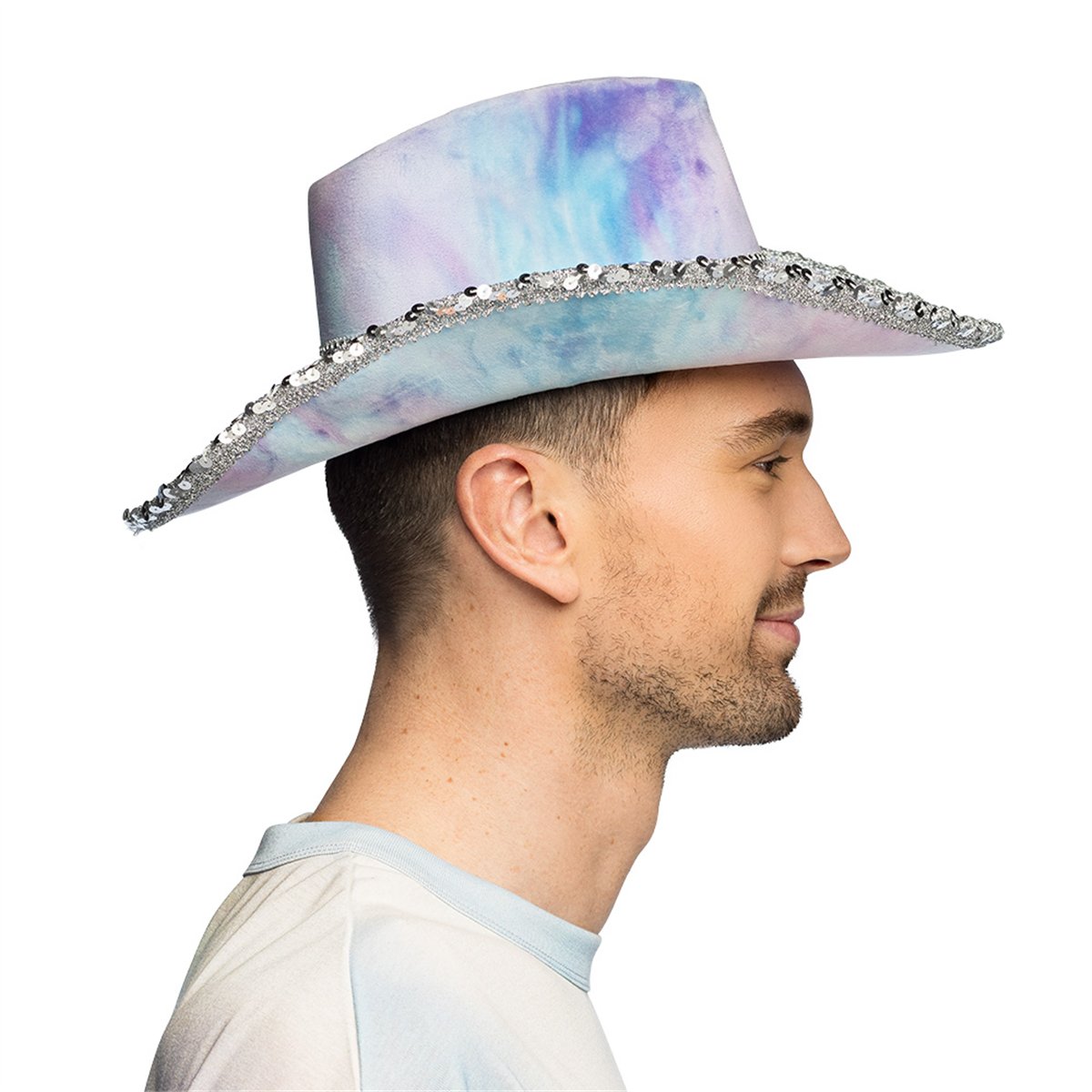 Cowboyhat &ndash; Lilla og Bl&aring; Tie-Dye Hat i Fl&oslash;jlslook med Rhinsten