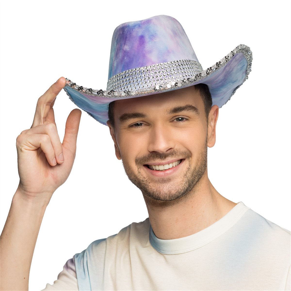 Cowboyhat &ndash; Lilla og Bl&aring; Tie-Dye Hat i Fl&oslash;jlslook med Rhinsten
