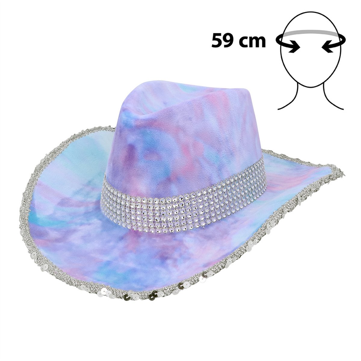 Cowboyhat &ndash; Lilla og Bl&aring; Tie-Dye Hat i Fl&oslash;jlslook med Rhinsten