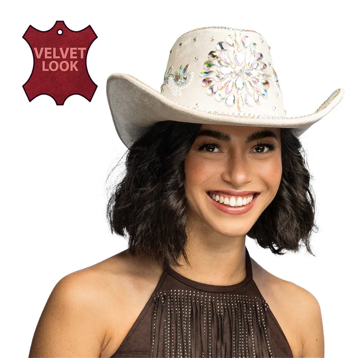 Cowboyhat &ndash; Beige Hat i Fl&oslash;jlslook med Krystaller