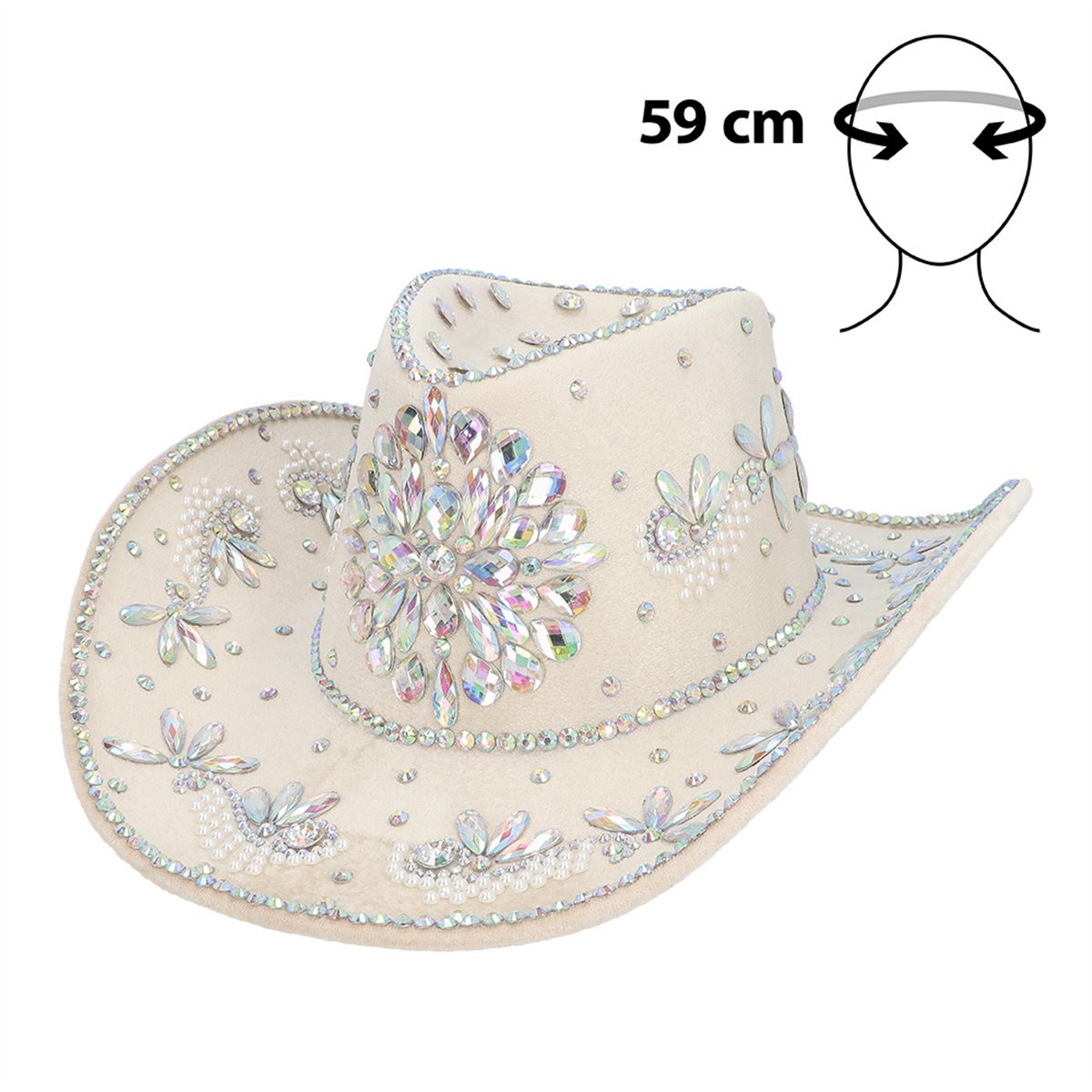 Cowboyhat &ndash; Beige Hat i Fl&oslash;jlslook med Krystaller