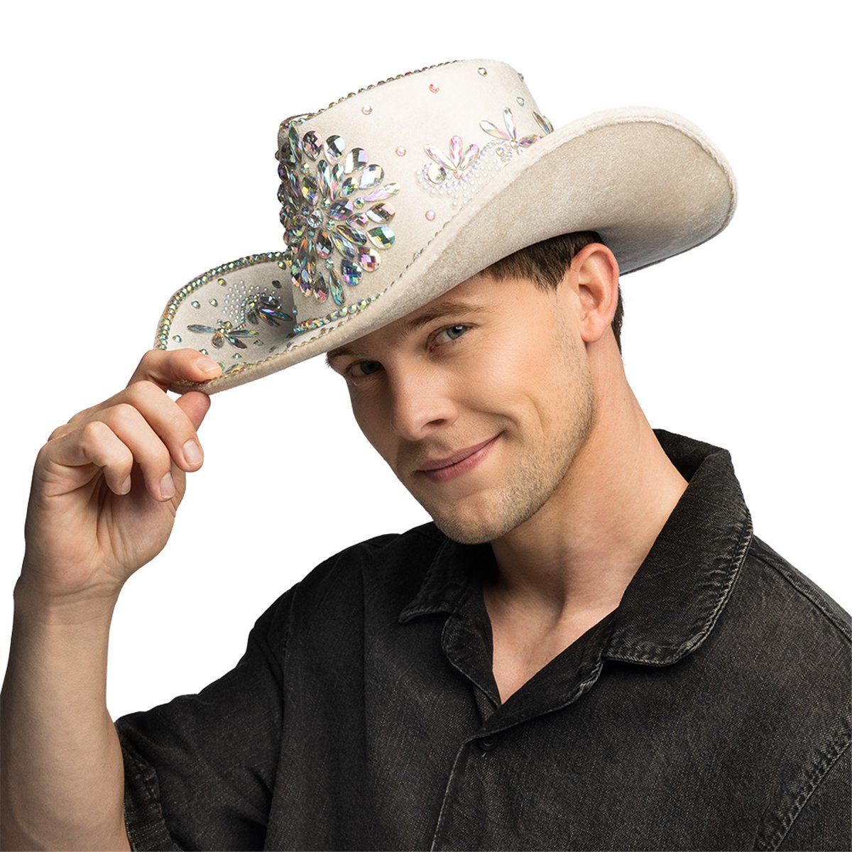 Cowboyhat &ndash; Beige Hat i Fl&oslash;jlslook med Krystaller