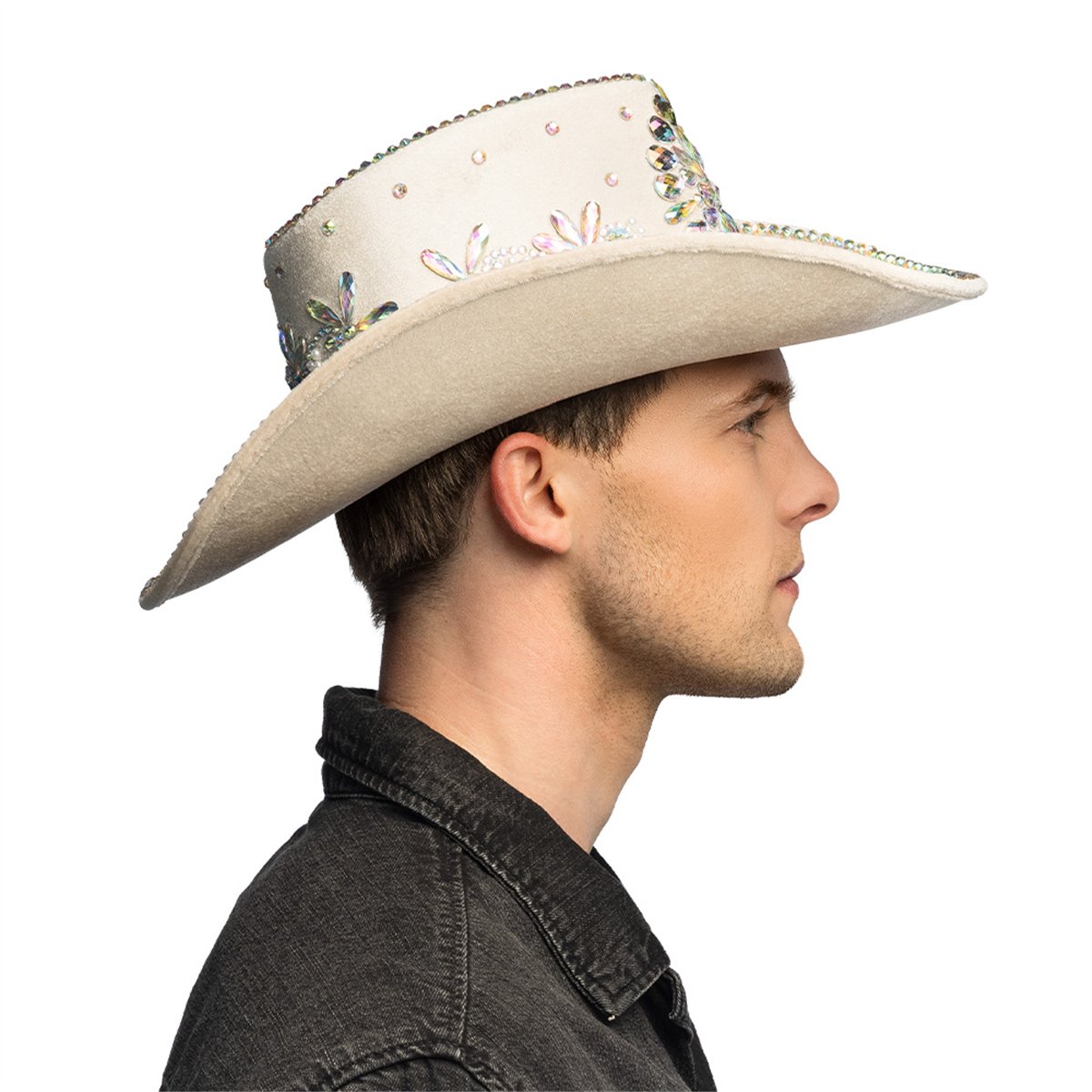 Cowboyhat &ndash; Beige Hat i Fl&oslash;jlslook med Krystaller