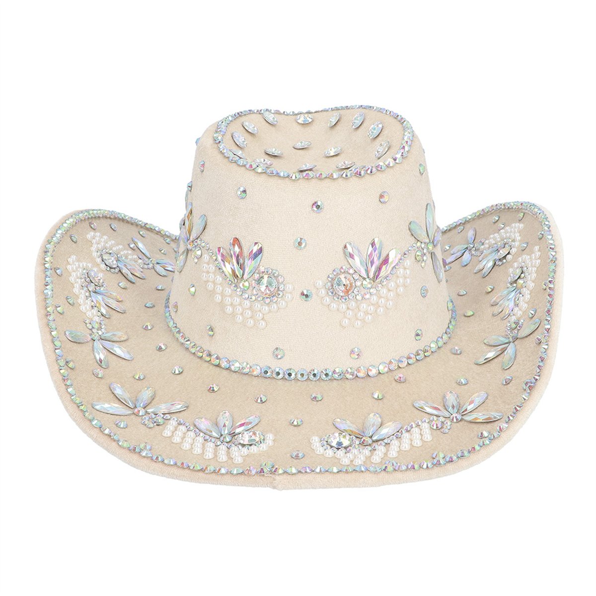 Cowboyhat &ndash; Beige Hat i Fl&oslash;jlslook med Krystaller