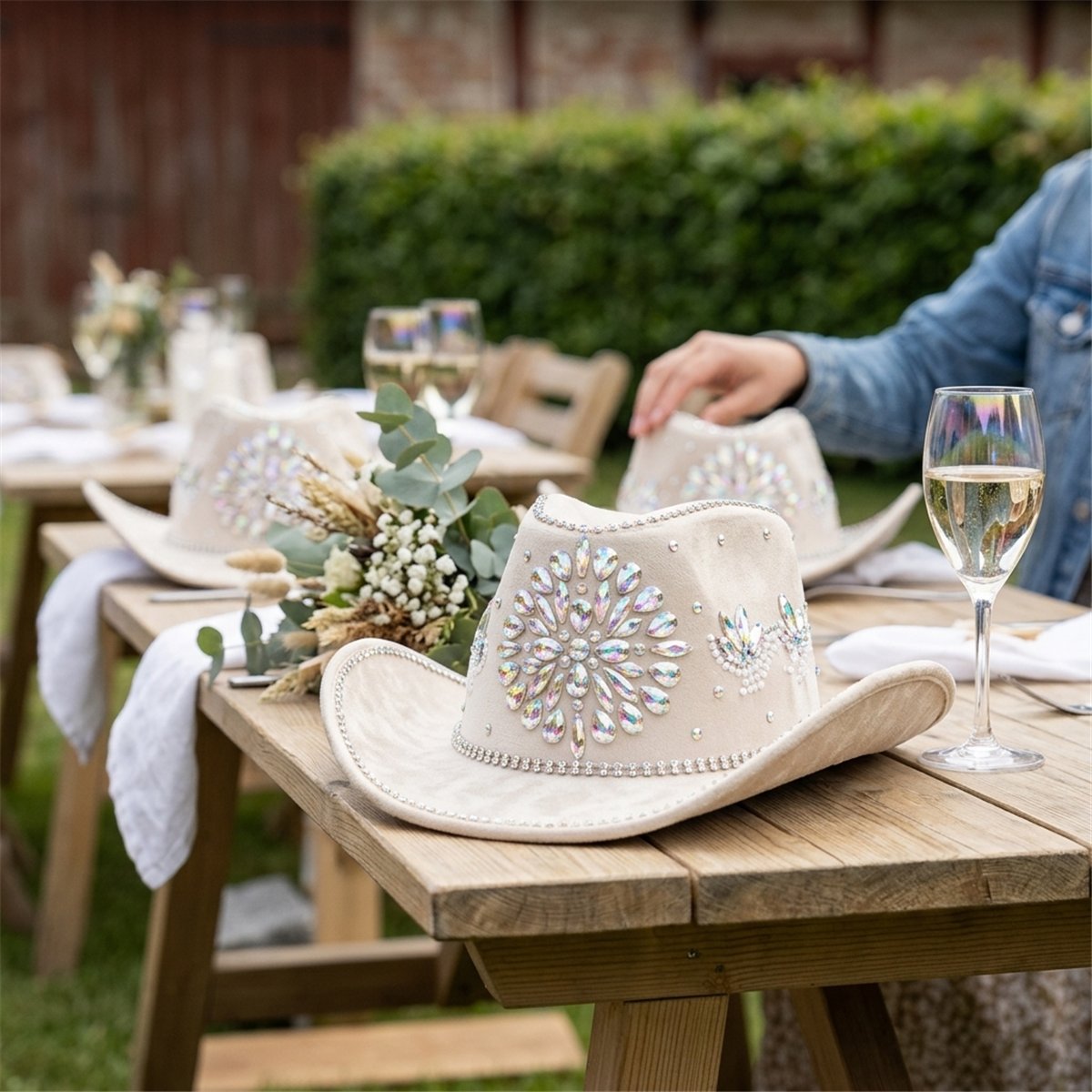 Cowboyhat &ndash; Beige Hat i Fl&oslash;jlslook med Krystaller