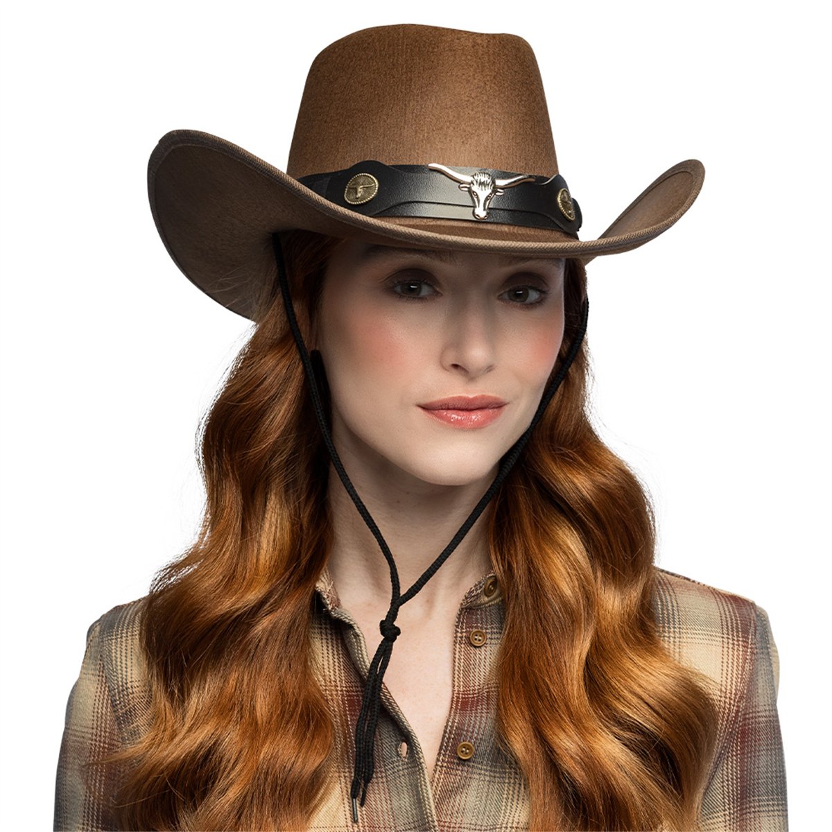 Cowboyhat str. 59 – Brun Westernhat med Longhorn-bånd og Guldnitter Cowboyhat str. 59 – Brun Westernhat med Longhorn-bånd og Guldnitter