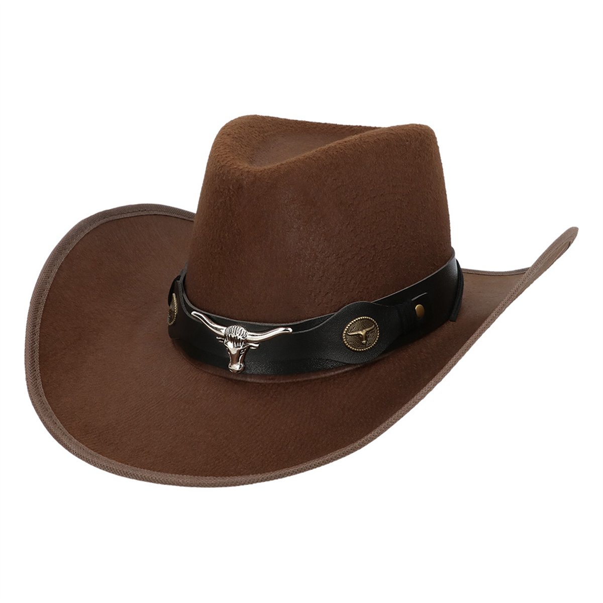 Cowboyhat str. 59 – Brun Westernhat med Longhorn-bånd og Guldnitter Cowboyhat str. 59 – Brun Westernhat med Longhorn-bånd og Guldnitter