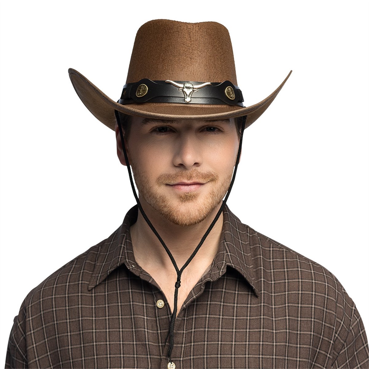 Cowboyhat str. 59 – Brun Westernhat med Longhorn-bånd og Guldnitter Cowboyhat str. 59 – Brun Westernhat med Longhorn-bånd og Guldnitter